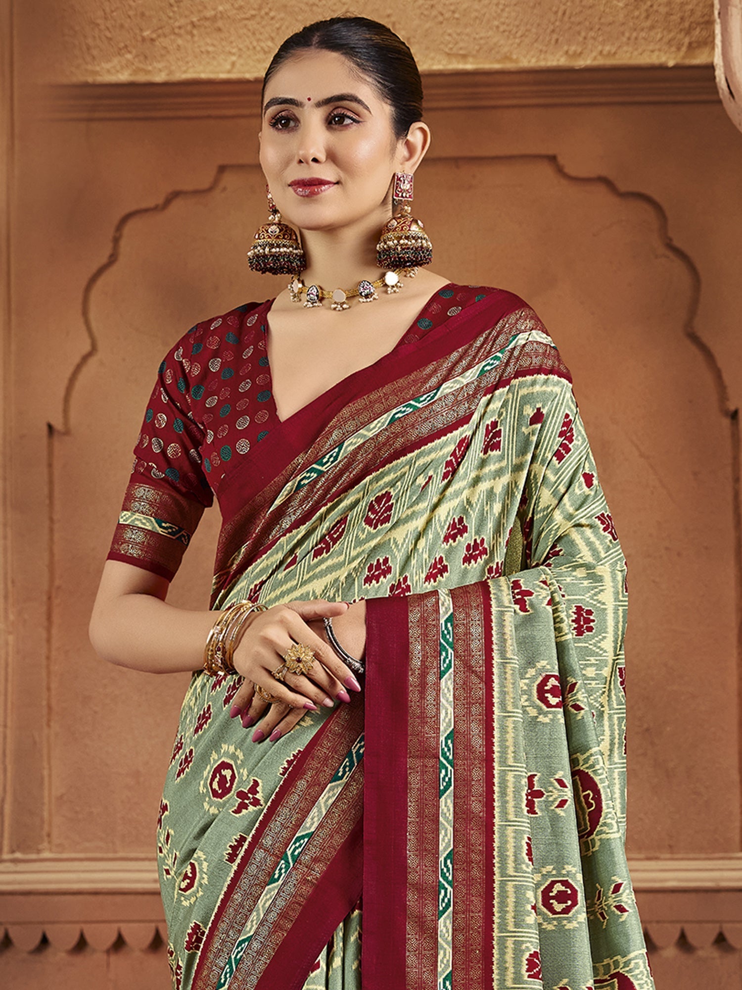Sage Green & Maroon Patola Silk Saree with Zari Border - Ressa