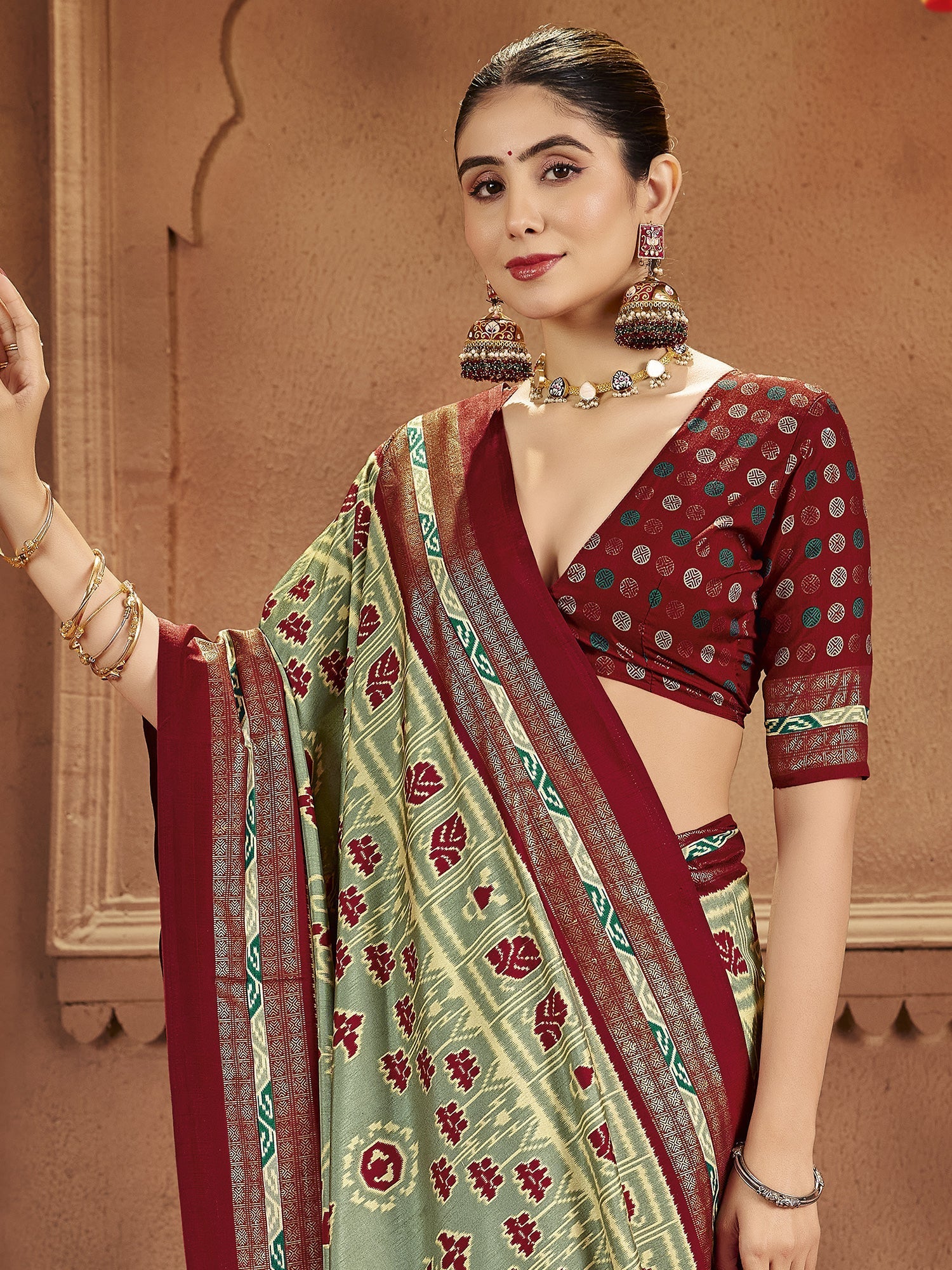 Sage Green & Maroon Patola Silk Saree with Zari Border - Ressa