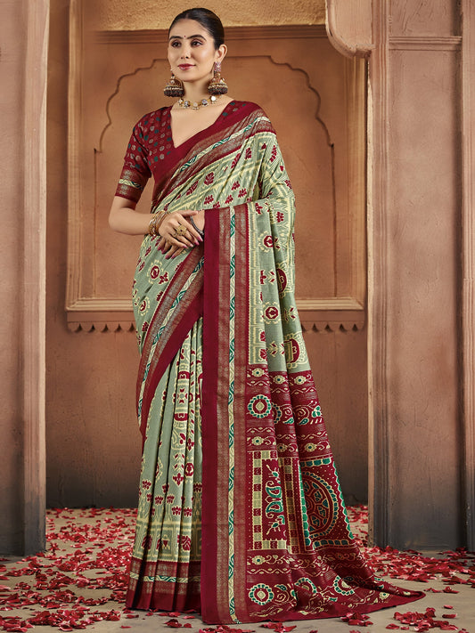 Sage Green & Maroon Patola Silk Saree with Zari Border - Ressa