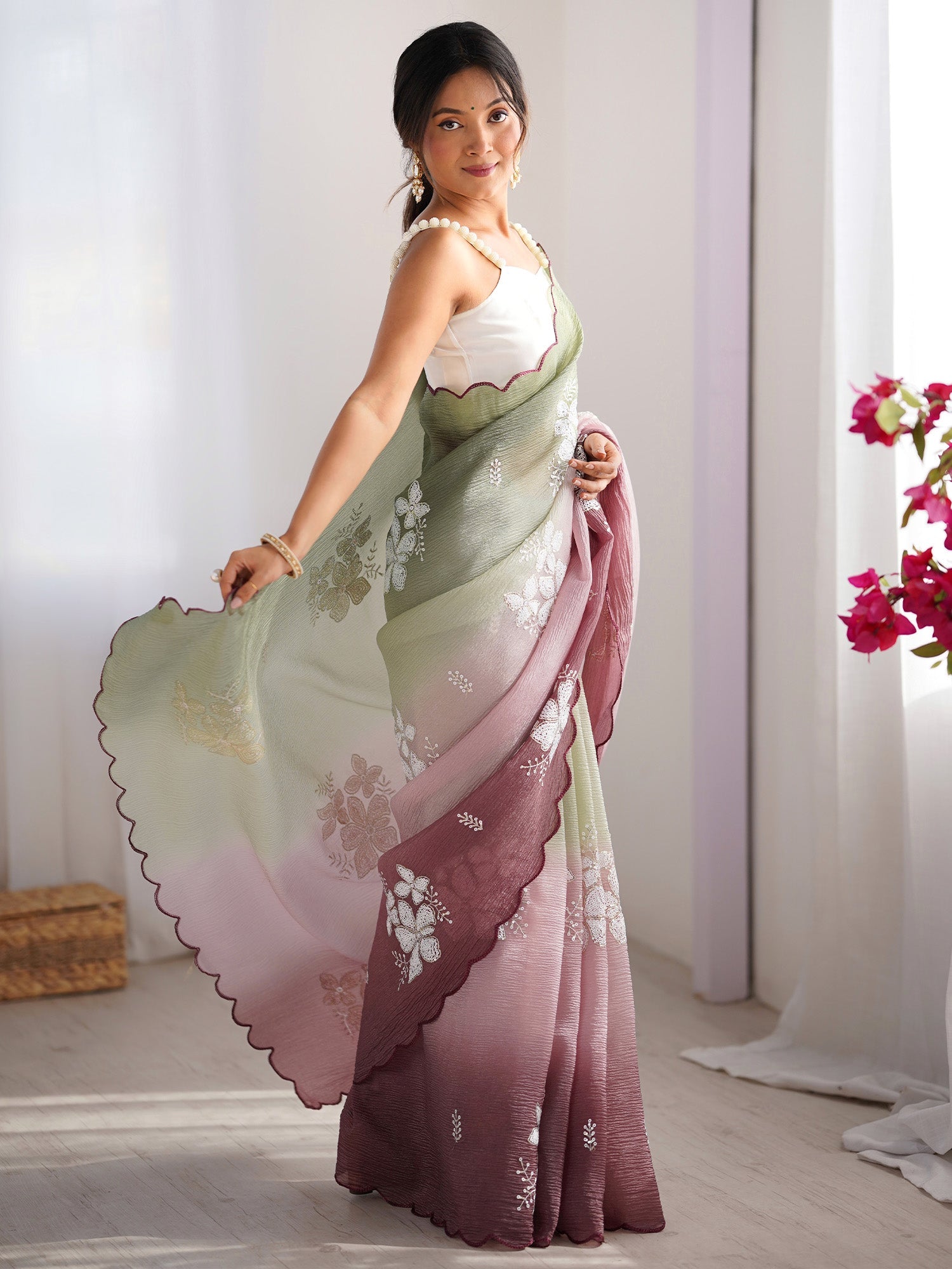 Sage Green & Mauve Ombre Organza Saree - Ressa
