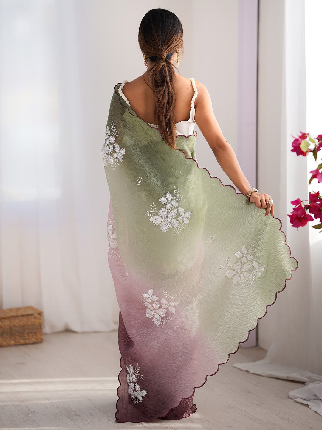 Sage Green & Mauve Ombre Organza Saree - Ressa