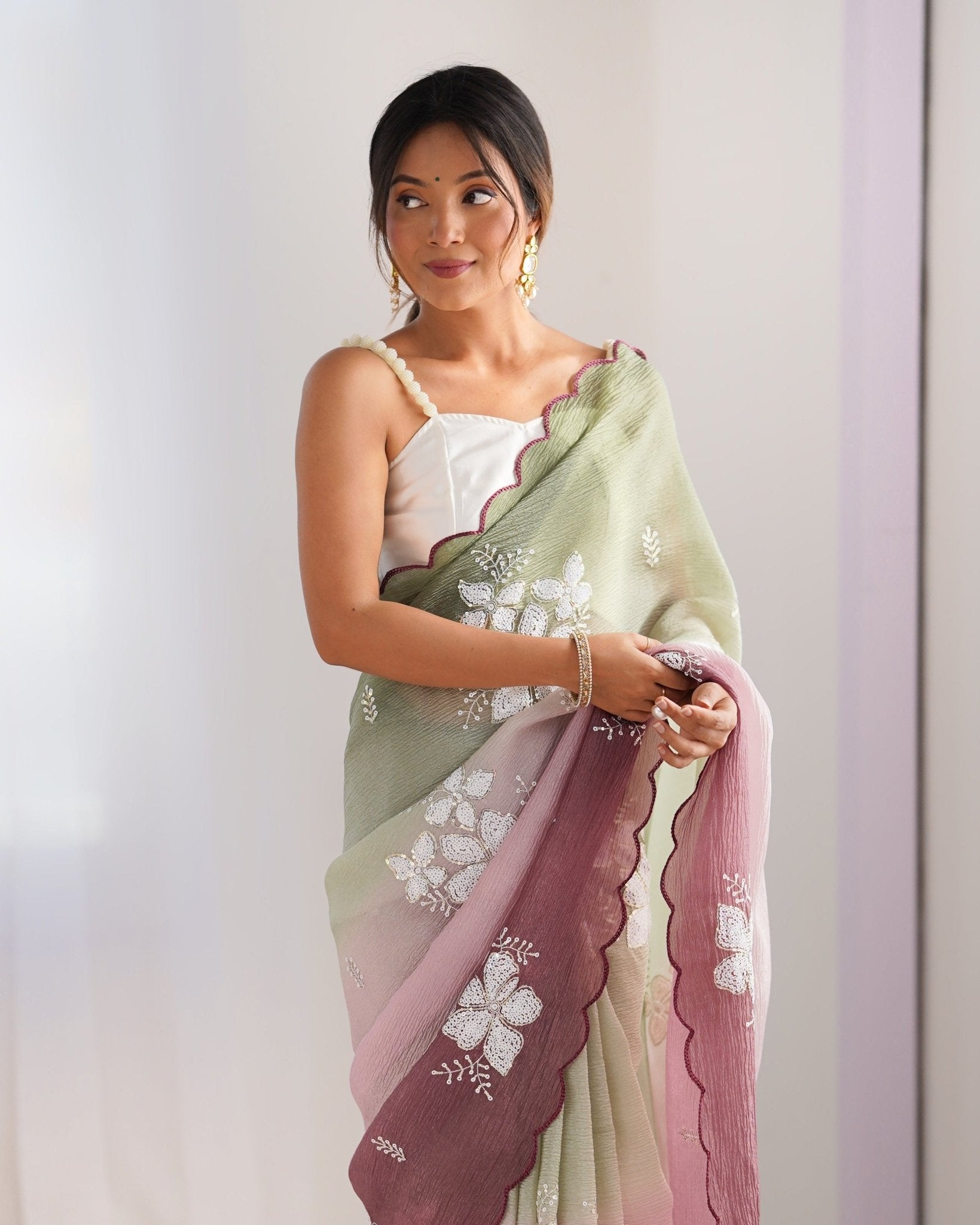 Sage Green & Mauve Ombre Organza Saree - Ressa