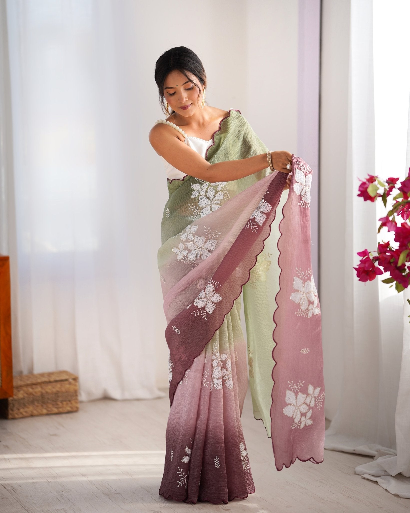 Sage Green & Mauve Ombre Organza Saree - Ressa