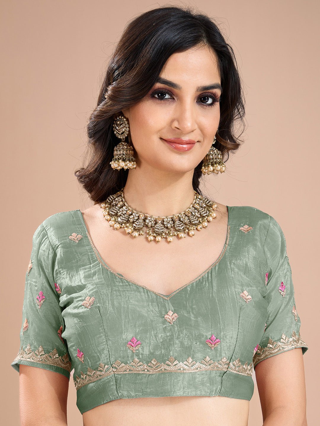 Sage Green Organza Embroidered Saree - Ressa
