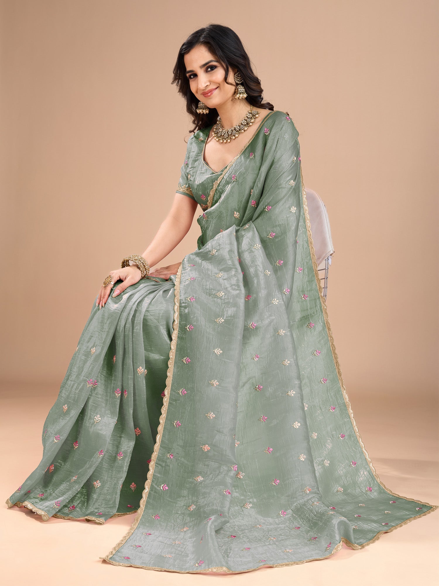 Sage Green Organza Embroidered Saree - Ressa