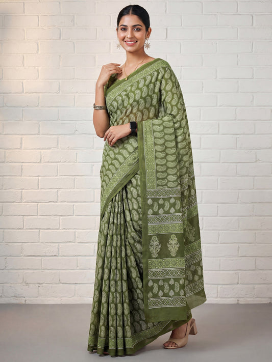 Sage Green Paisley Print Saree - Ressa