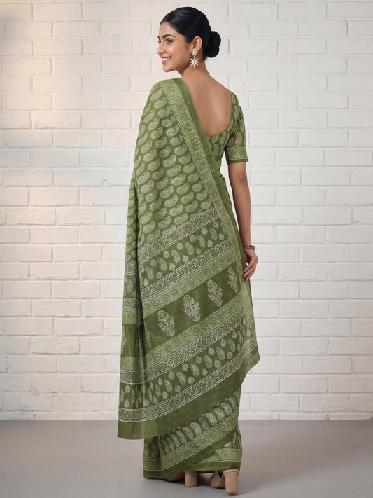 Sage Green Paisley Print Saree - Ressa