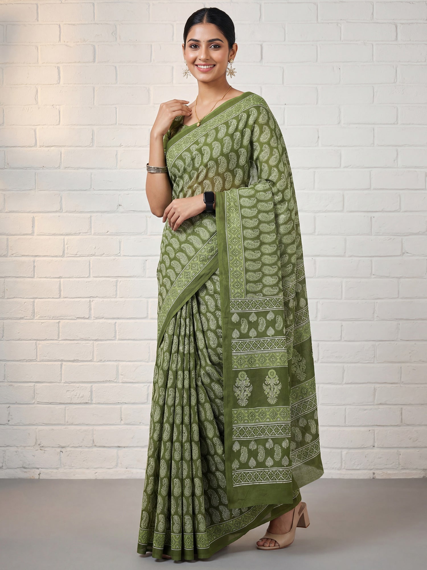 Sage Green Paisley Print Saree - Ressa