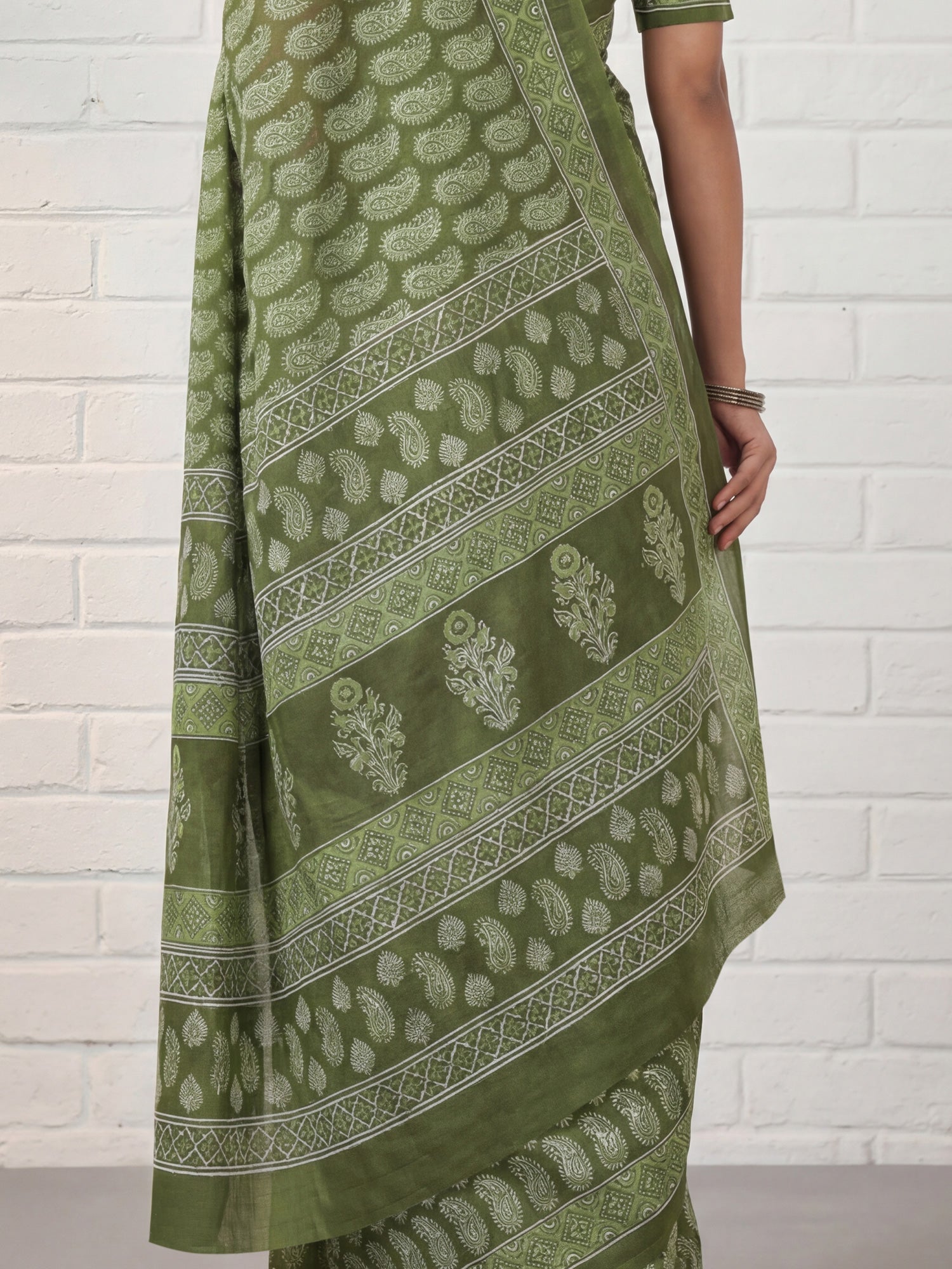 Sage Green Paisley Print Saree - Ressa