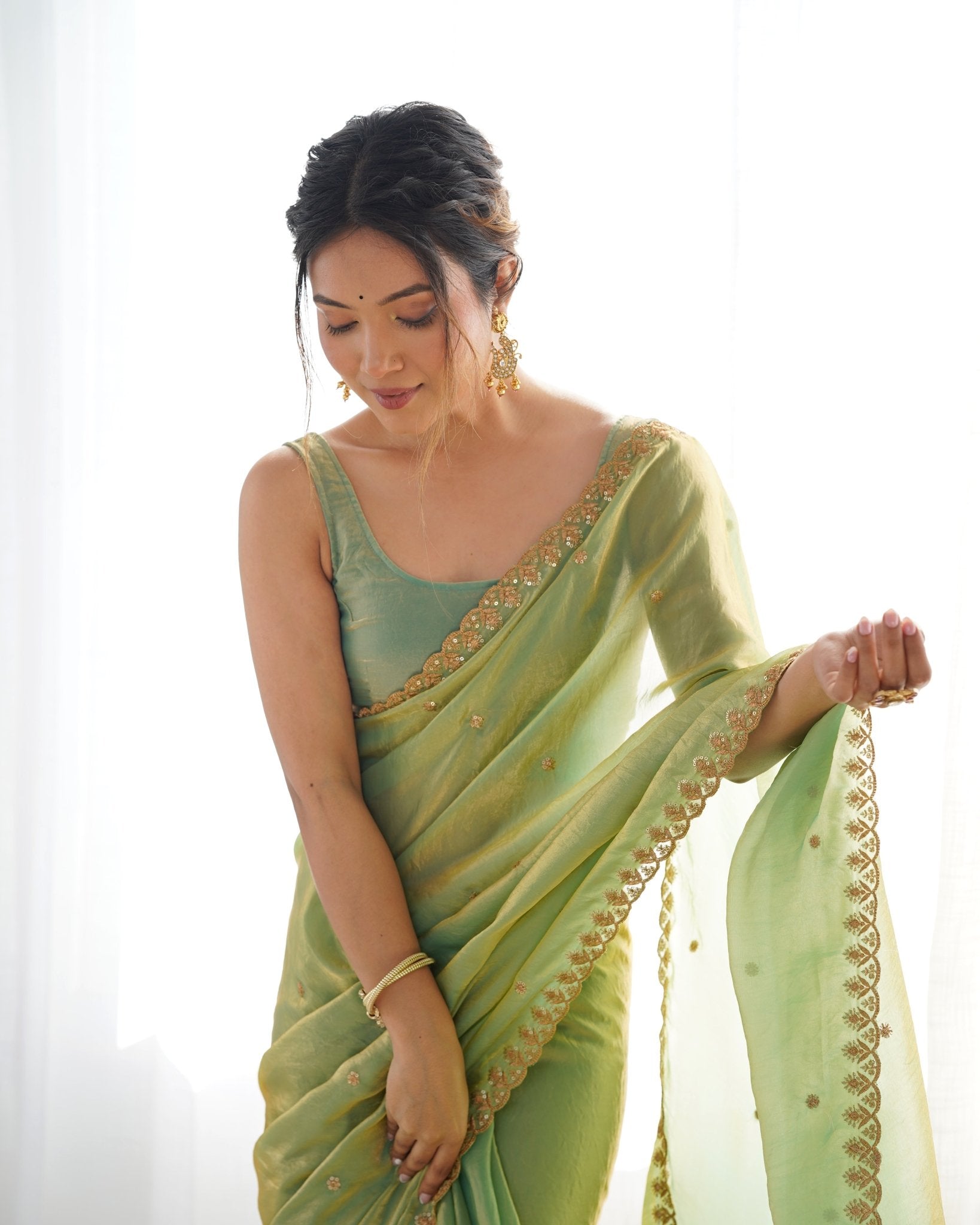 Sage Green Paper Silk Saree with Gold Embroidery - Ressa