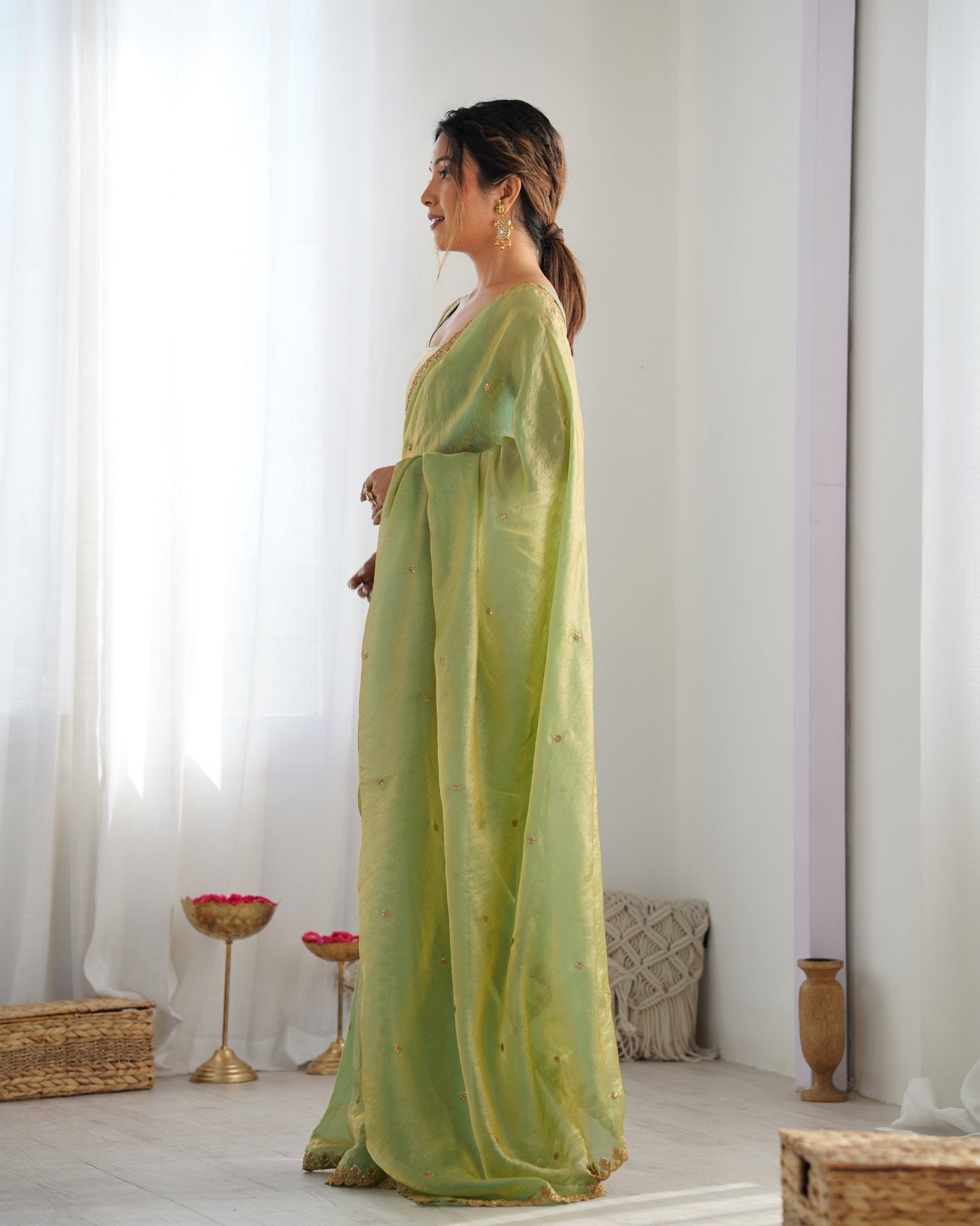Sage Green Paper Silk Saree with Gold Embroidery - Ressa