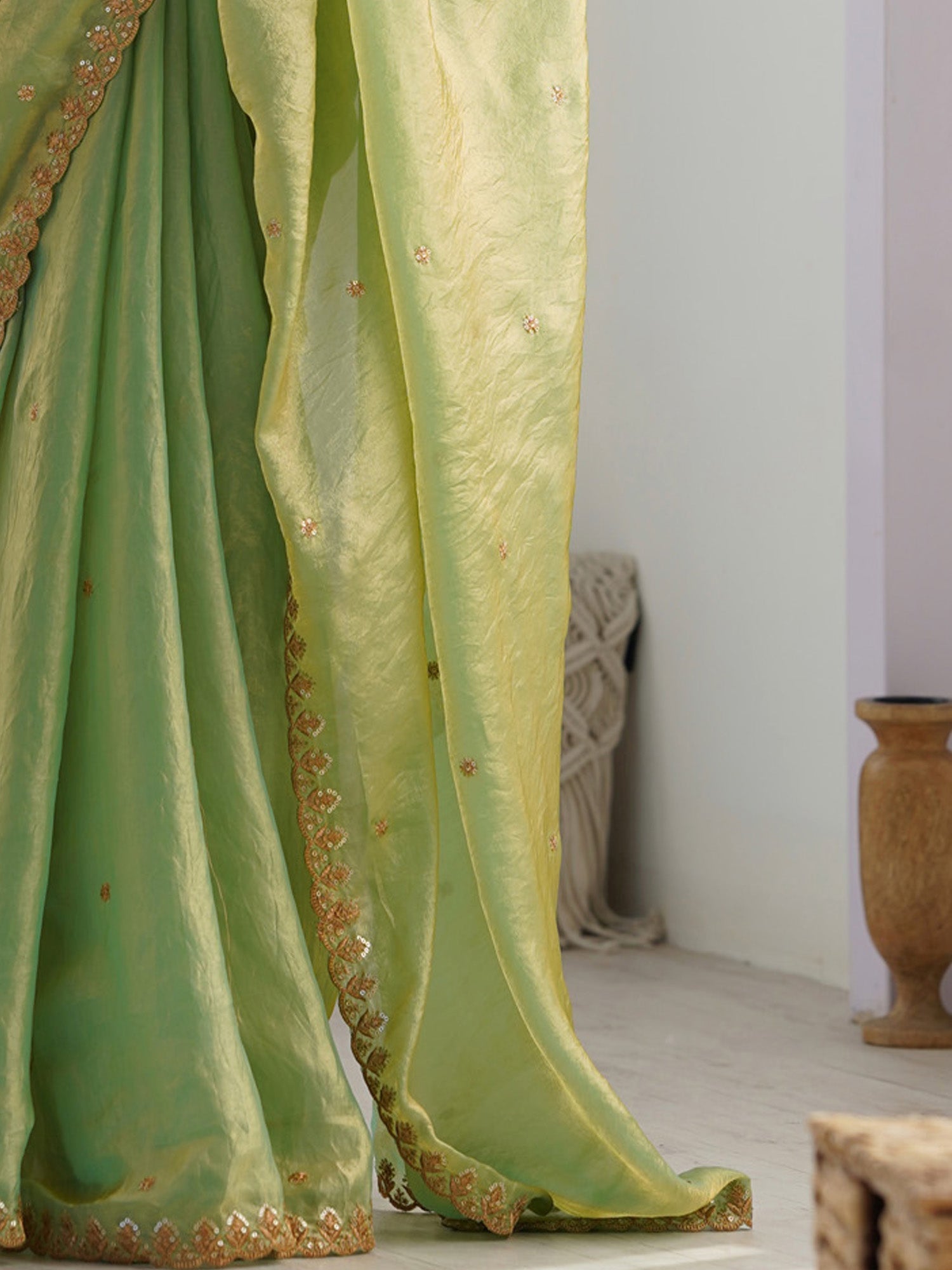 Sage Green Paper Silk Saree with Gold Embroidery - Ressa