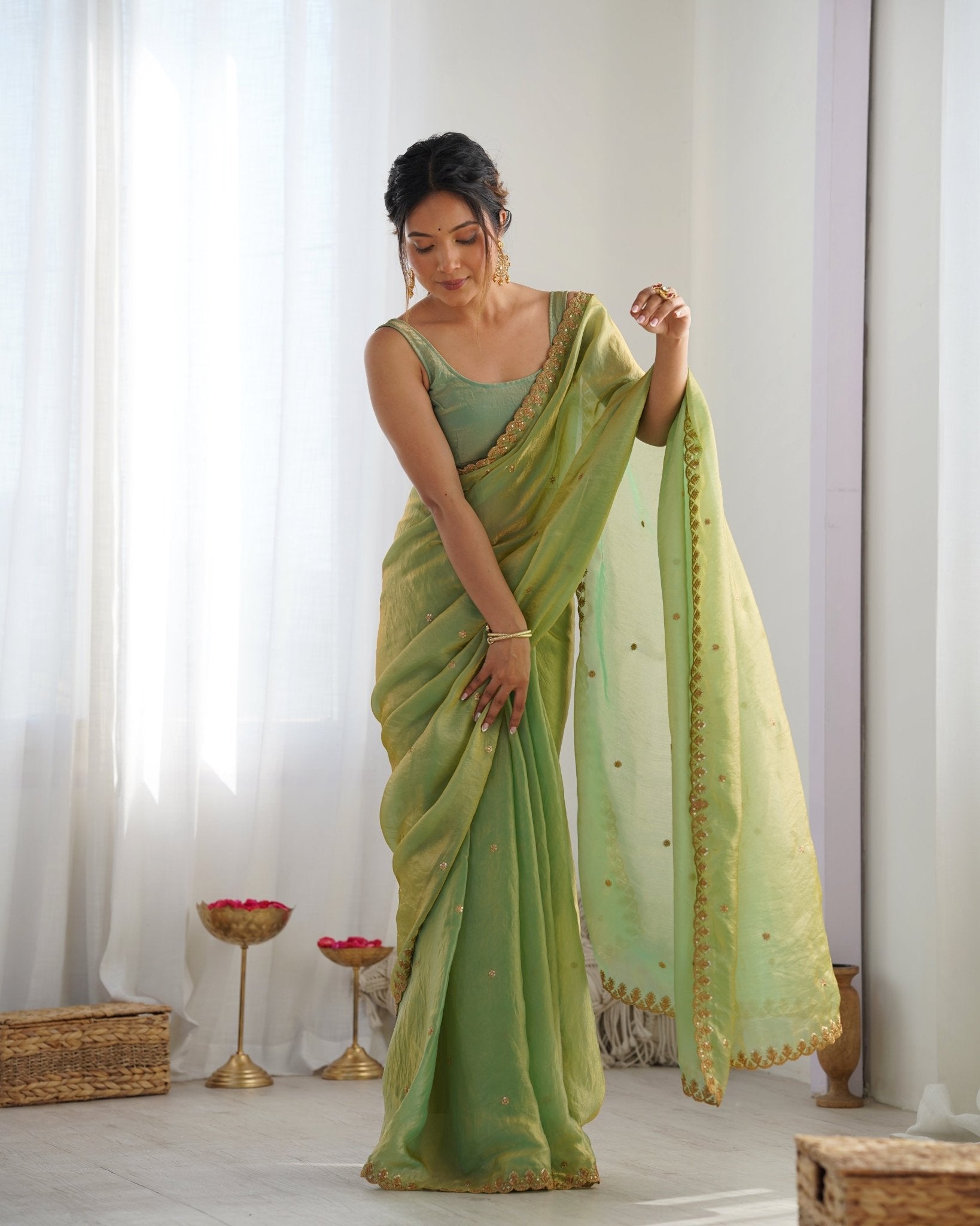 Sage Green Paper Silk Saree with Gold Embroidery - Ressa