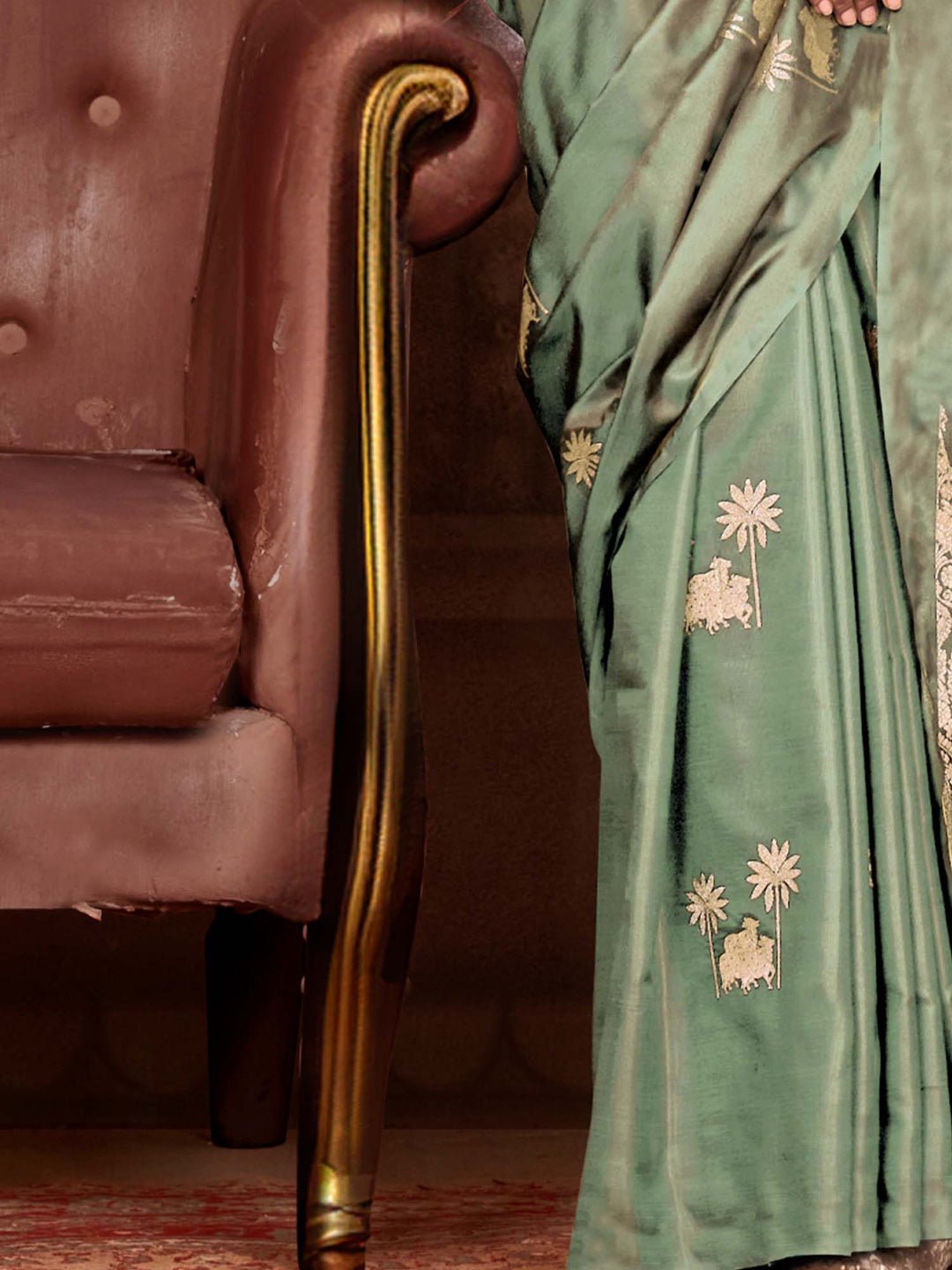 Sage Green satin Gold Zari Saree - Ressa