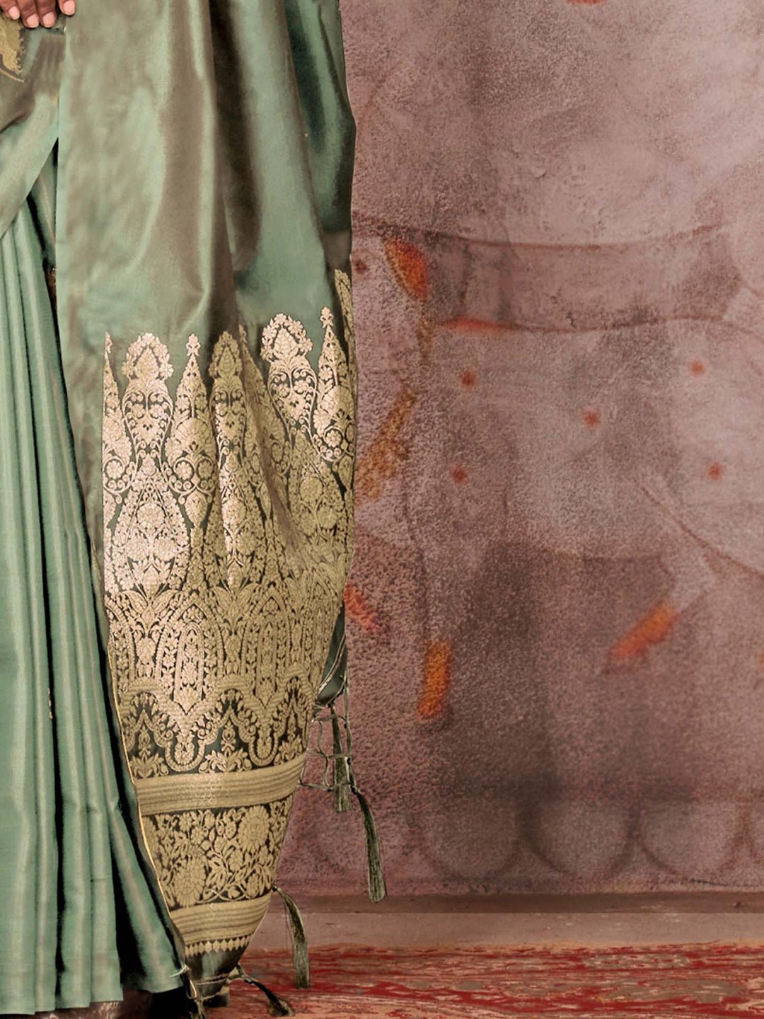 Sage Green satin Gold Zari Saree - Ressa