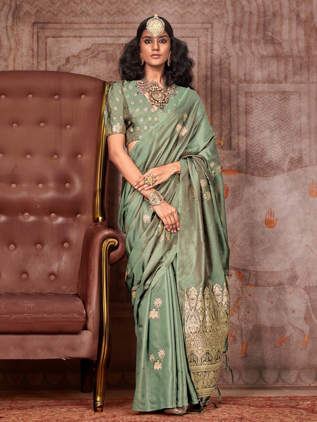 Sage Green satin Gold Zari Saree - Ressa
