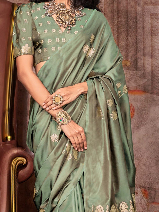 Sage Green satin Gold Zari Saree - Ressa