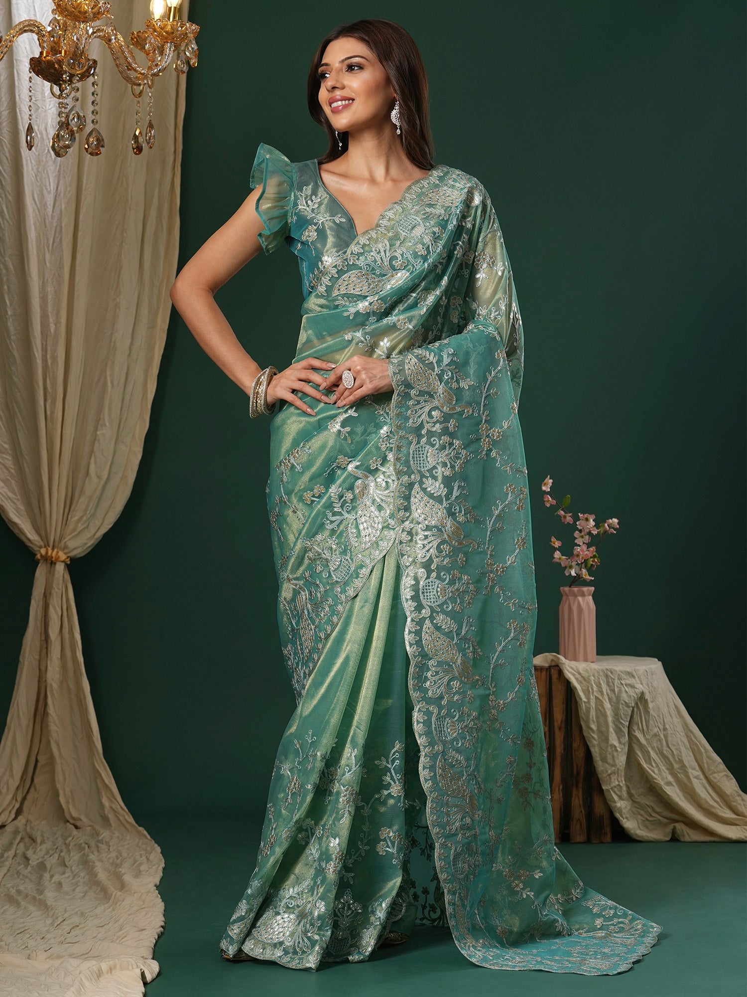 Sage Green Supernet Embroidered Saree - Ressa