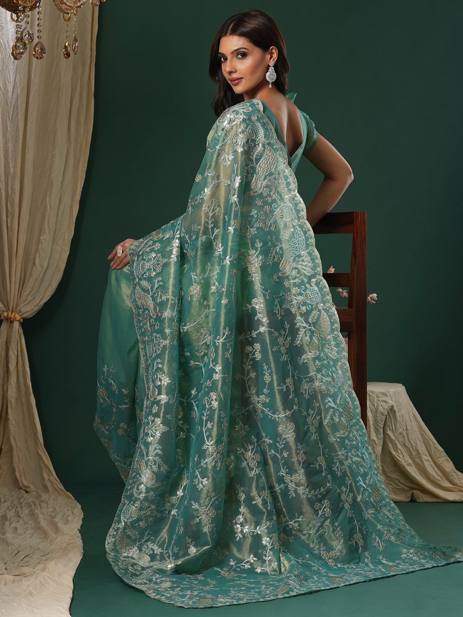 Sage Green Supernet Embroidered Saree - Ressa