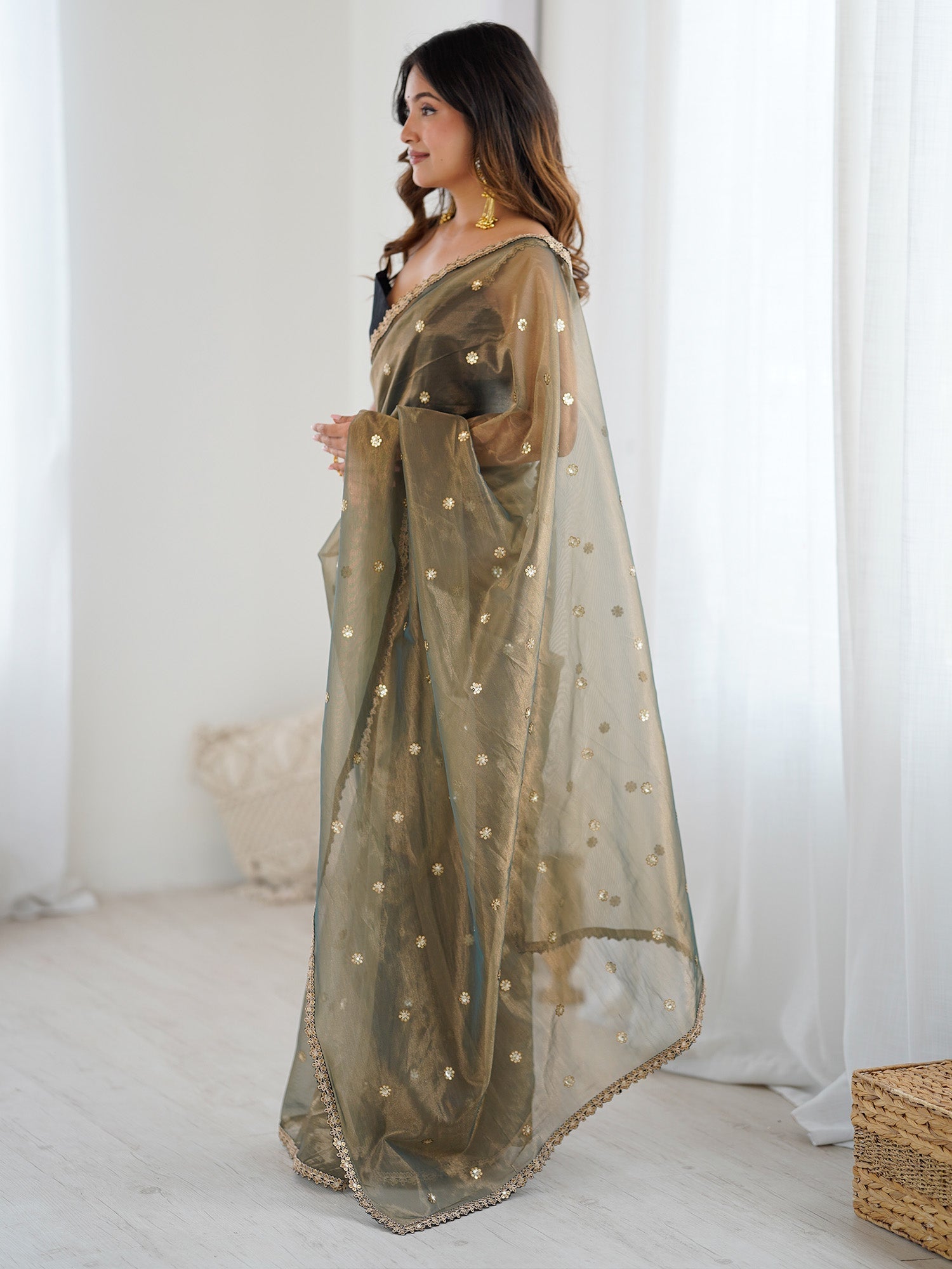 Sage Green Supernet Saree - Ressa