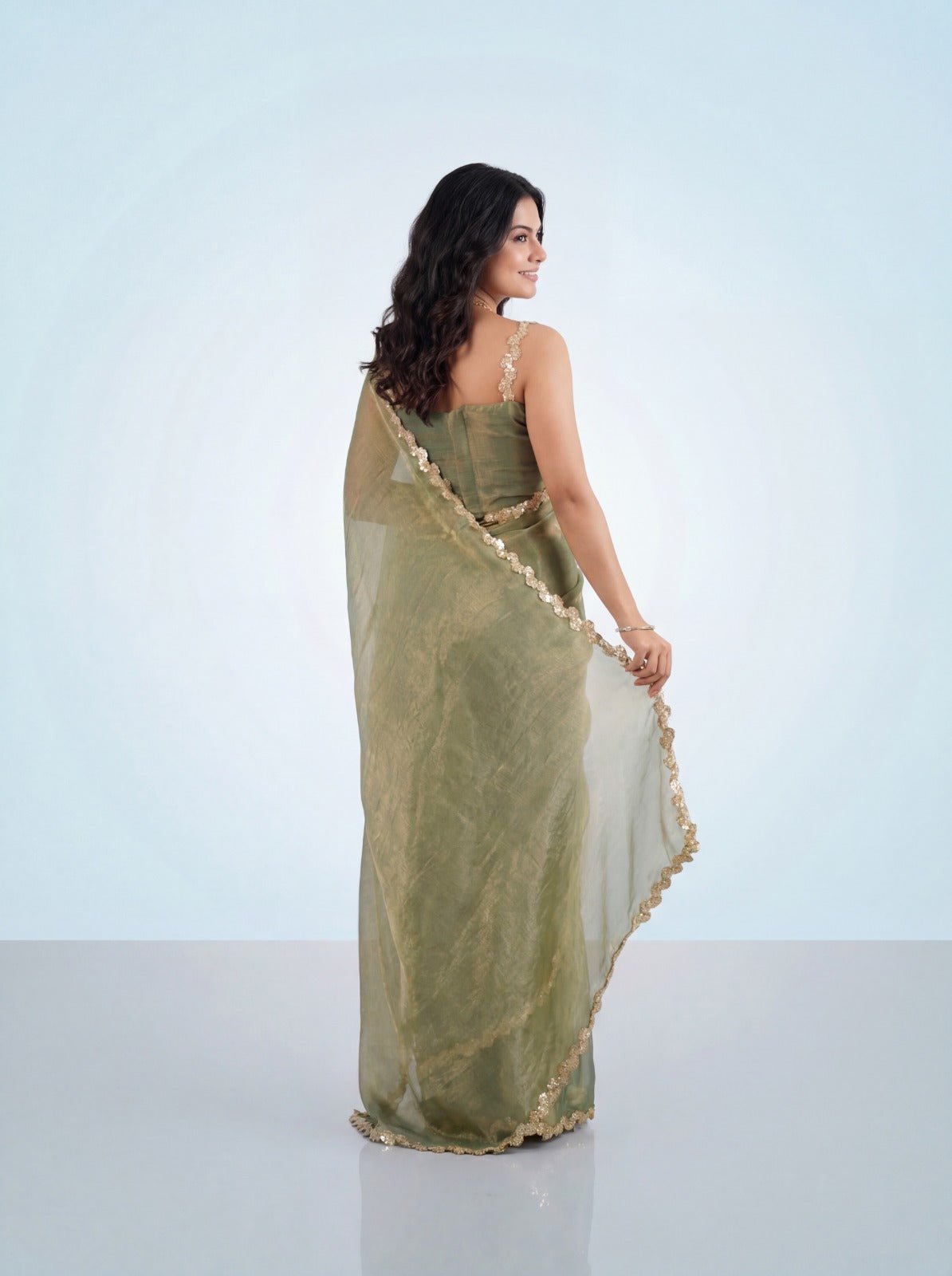 Sage Green Tissue Silk Saree with Gold Floral Lace Border - Ressa