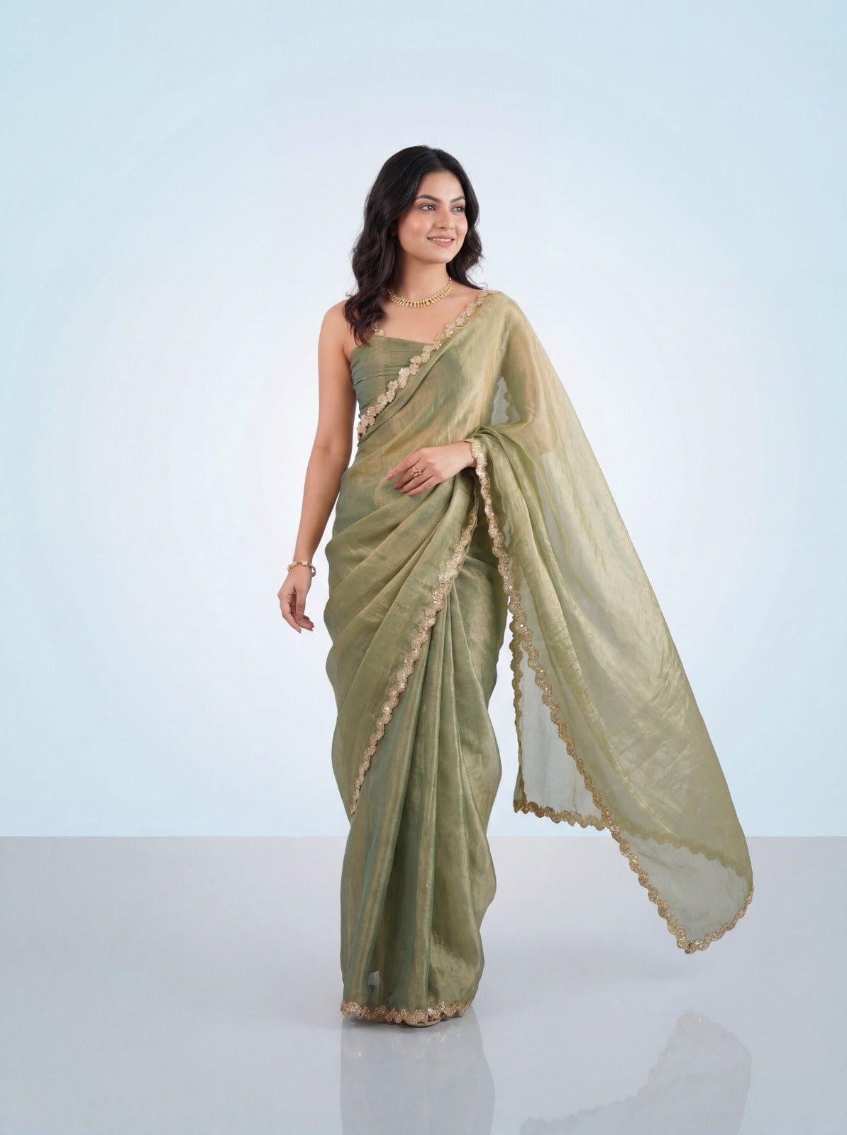 Sage Green Tissue Silk Saree with Gold Floral Lace Border - Ressa