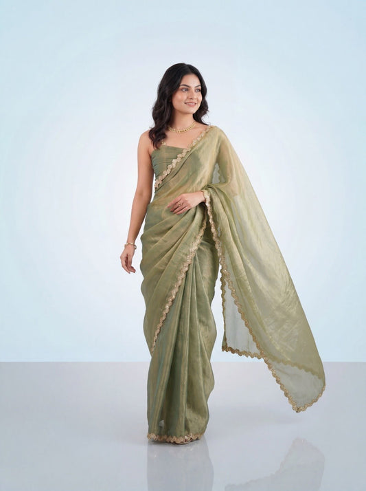 Sage Green Tissue Silk Saree with Gold Floral Lace Border - Ressa
