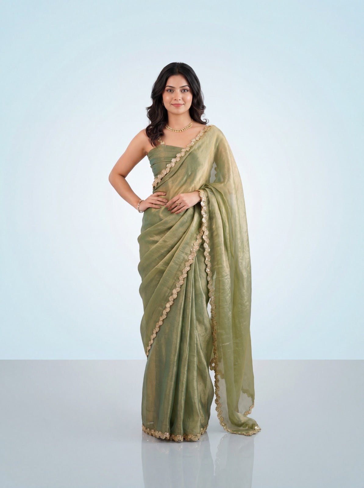 Sage Green Tissue Silk Saree with Gold Floral Lace Border - Ressa