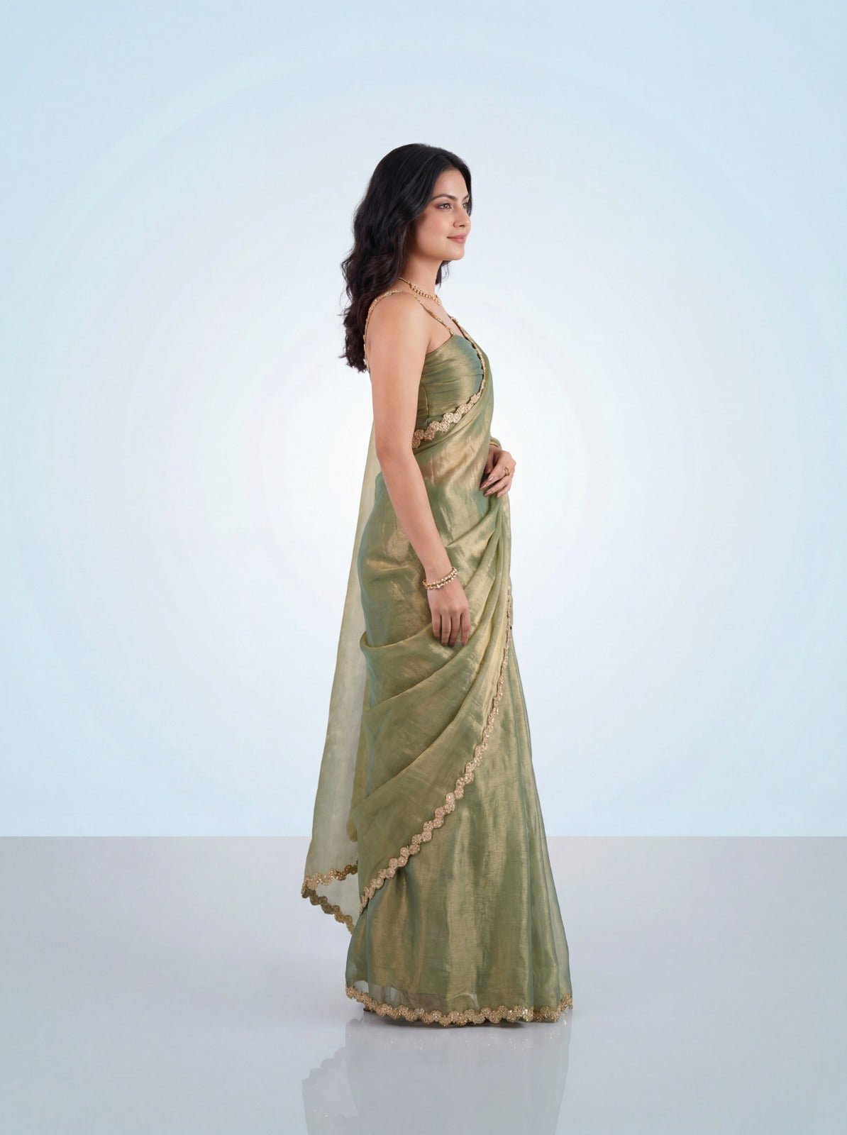 Sage Green Tissue Silk Saree with Gold Floral Lace Border - Ressa