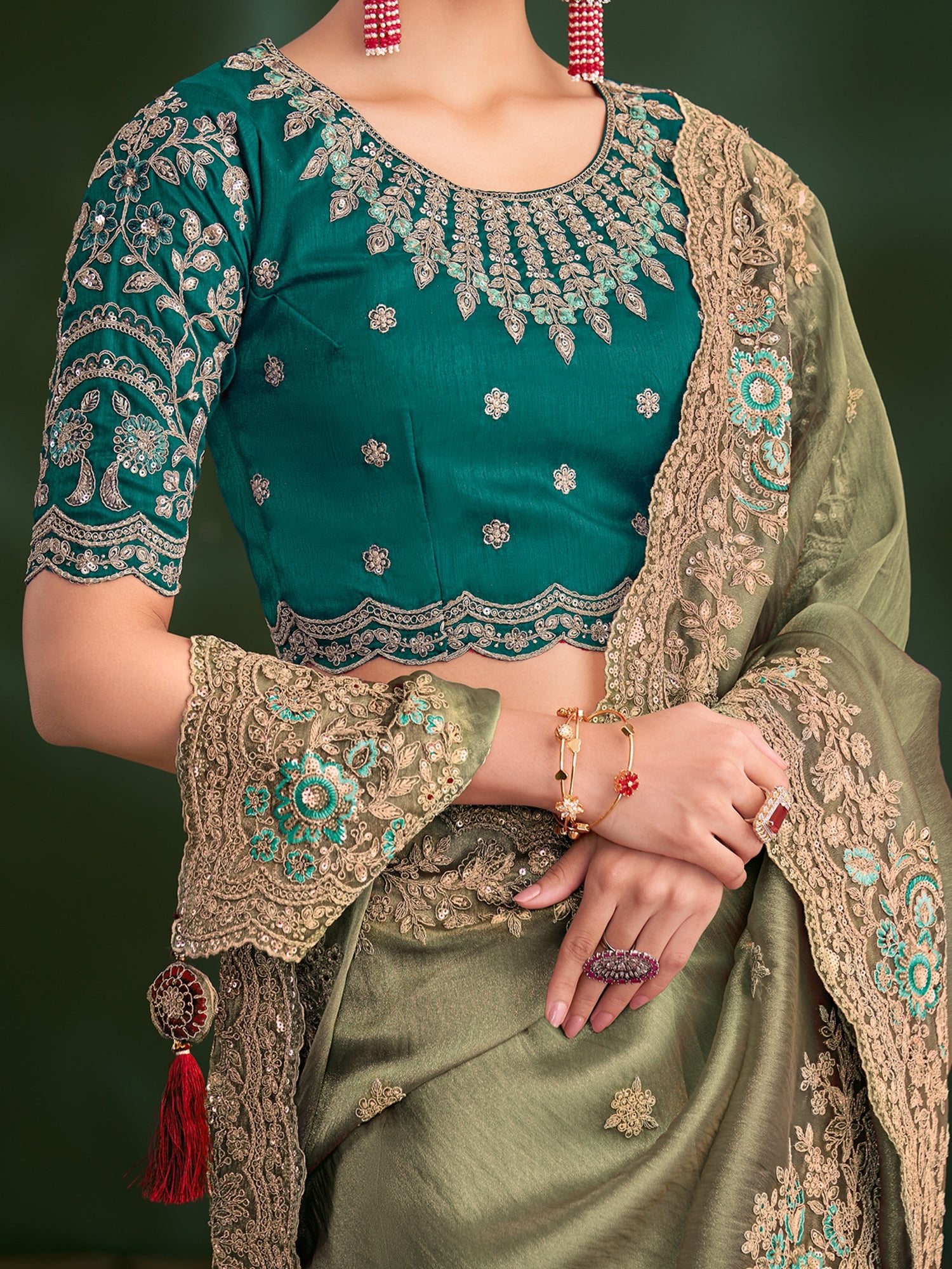 Sage Green Tissue Silk Saree with Scalloped Border - Ressa