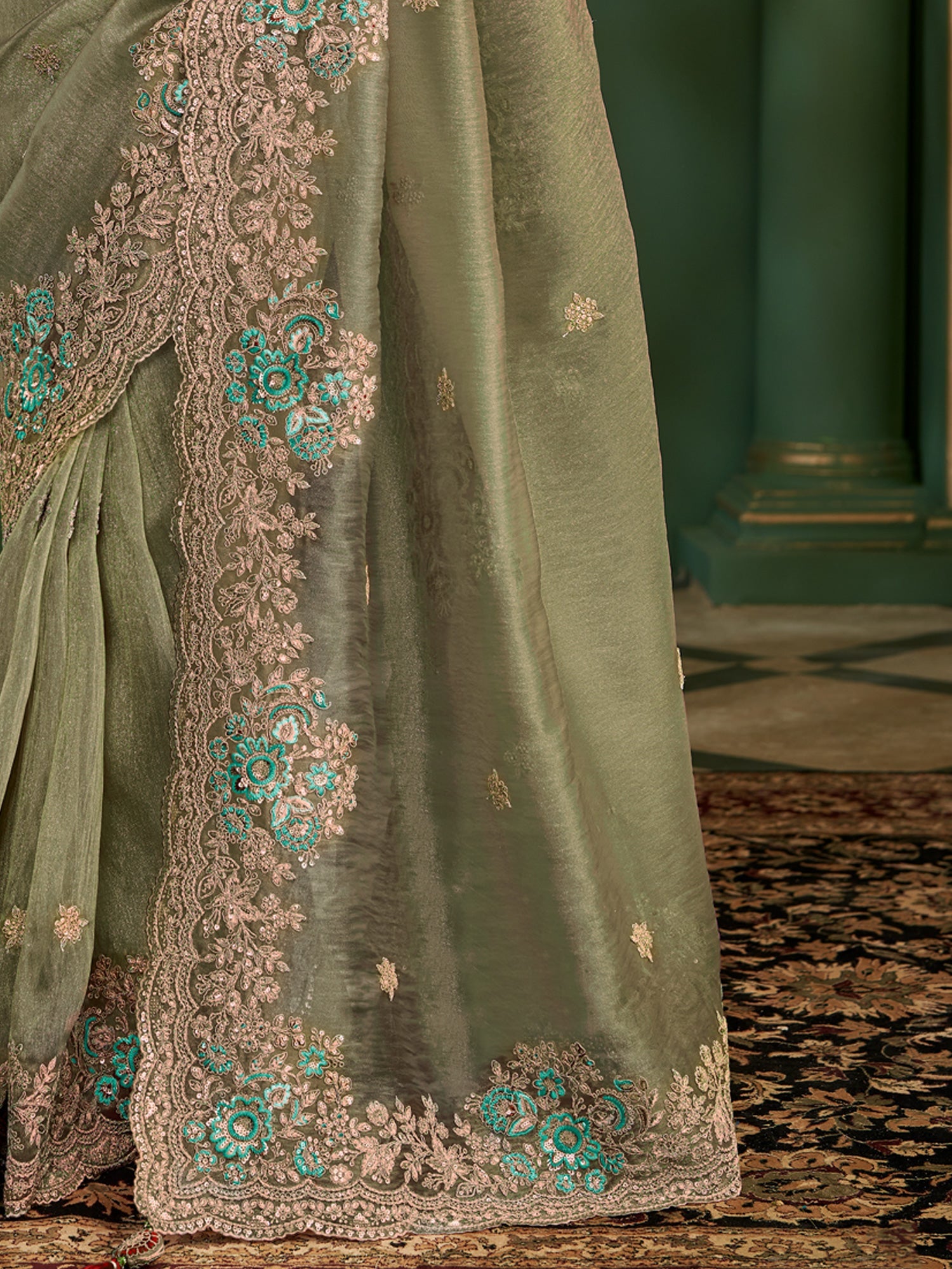 Sage Green Tissue Silk Saree with Scalloped Border - Ressa