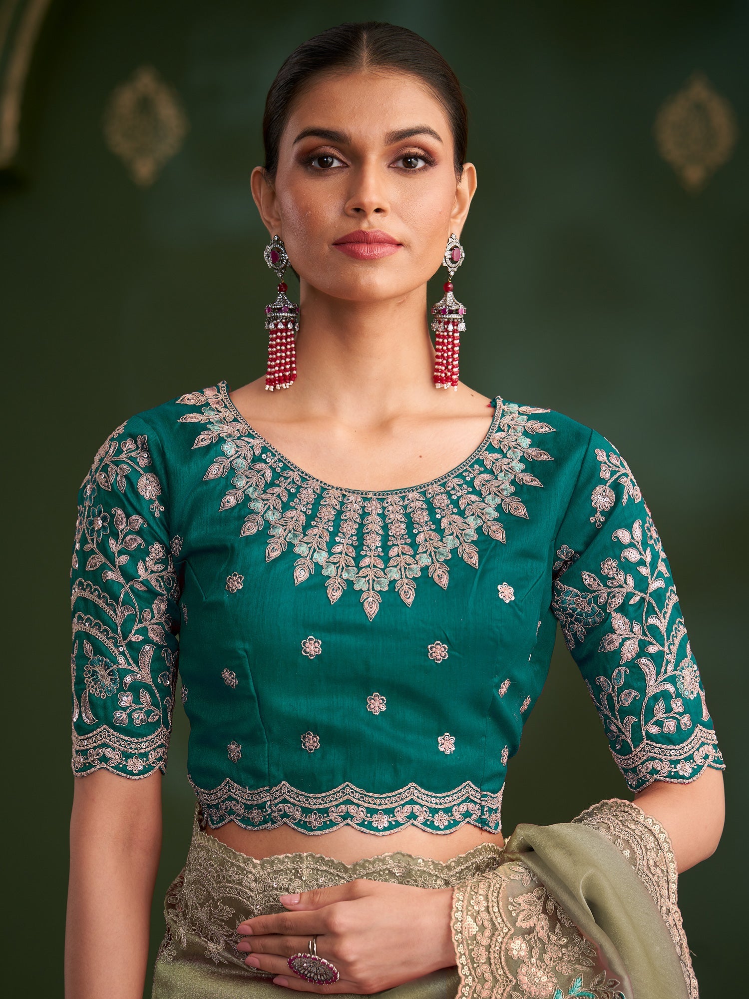 Sage Green Tissue Silk Saree with Scalloped Border - Ressa