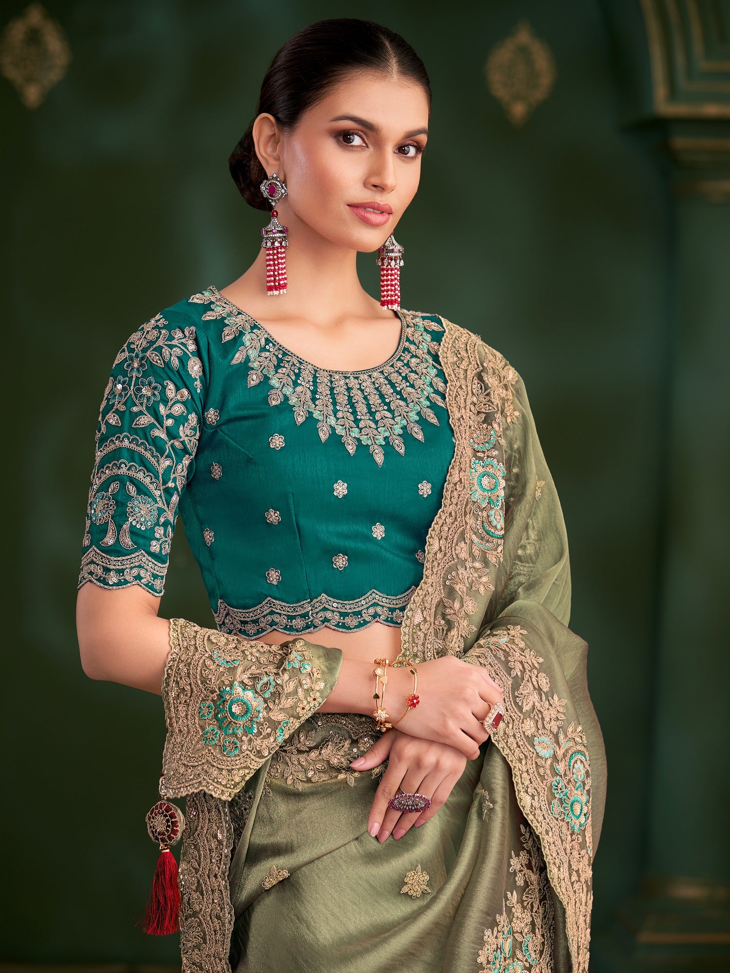 Sage Green Tissue Silk Saree with Scalloped Border - Ressa