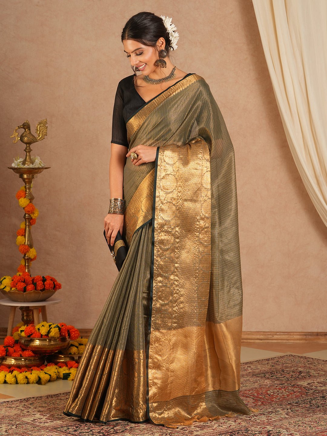 Sage Olive Green Cotton Saree - Ressa