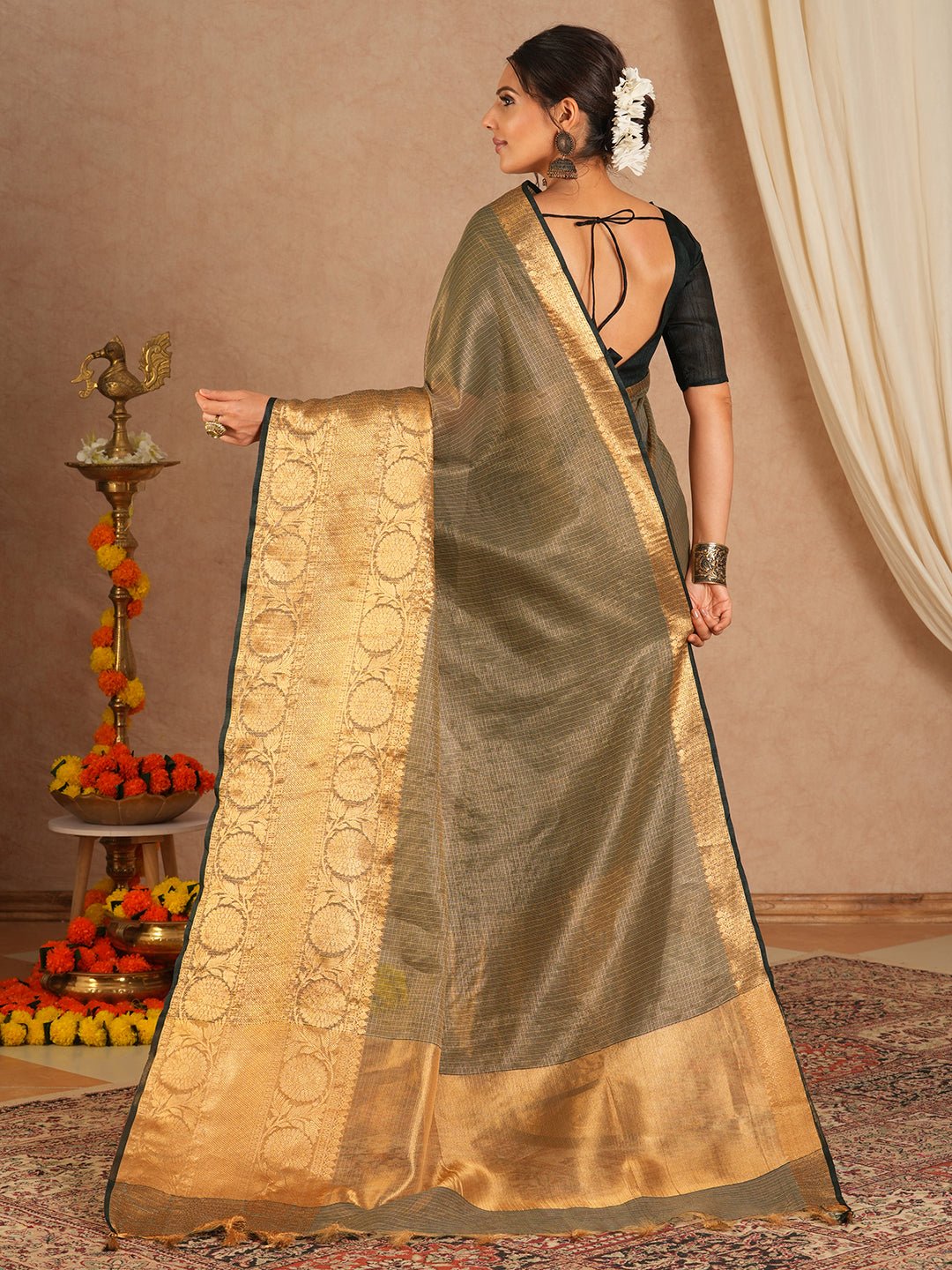 Sage Olive Green Cotton Saree - Ressa