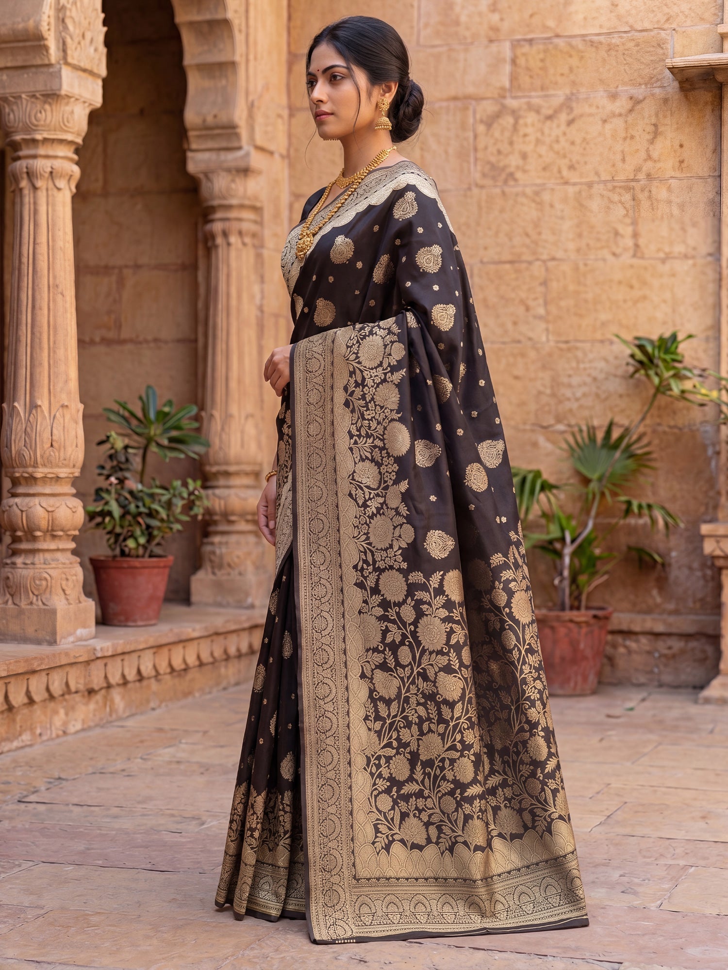 Saree Antique Dark Brown Floral Vine Banarasi Silk - Ressa