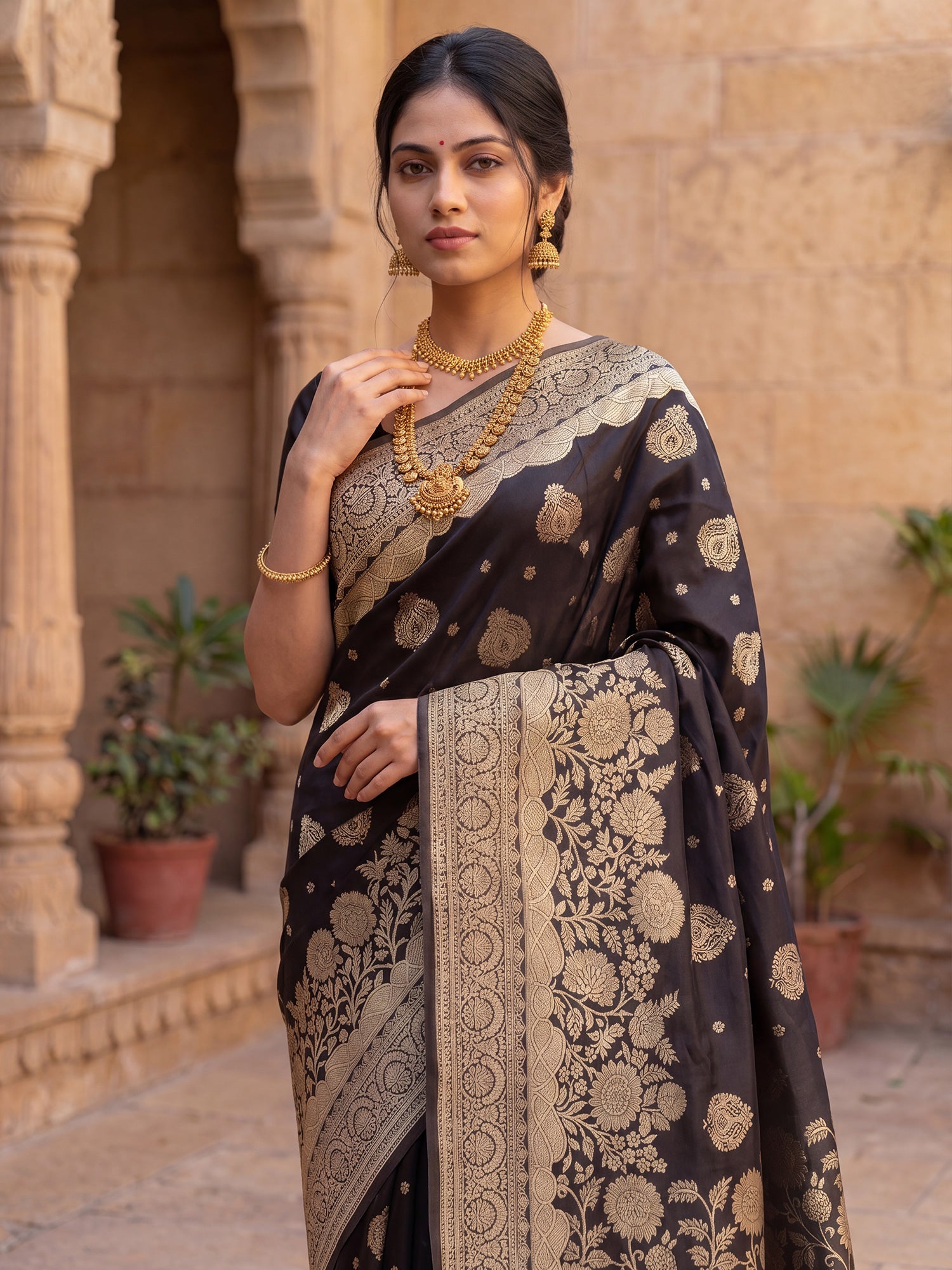 Saree Antique Dark Brown Floral Vine Banarasi Silk - Ressa