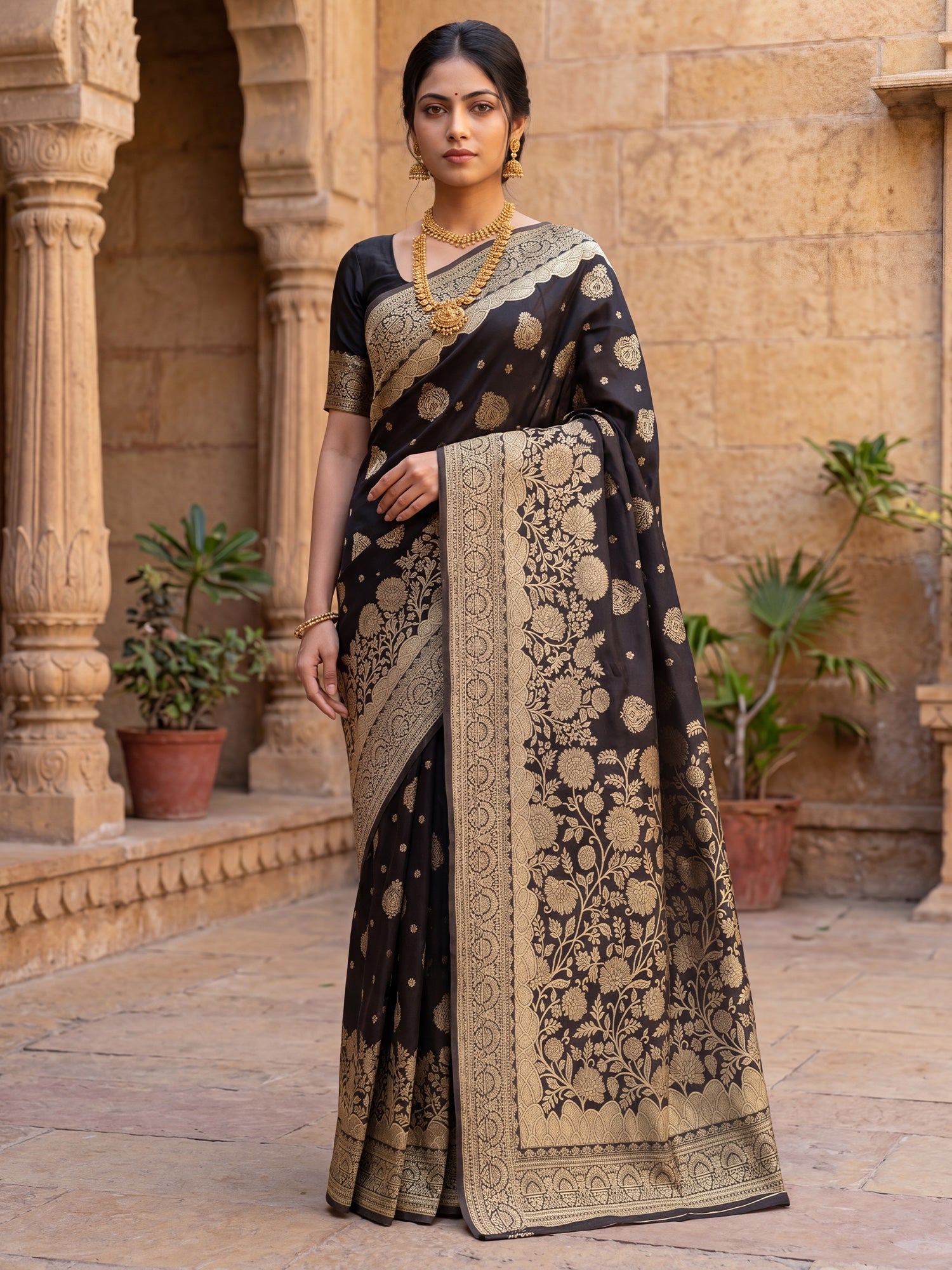 Saree Antique Dark Brown Floral Vine Banarasi Silk - Ressa