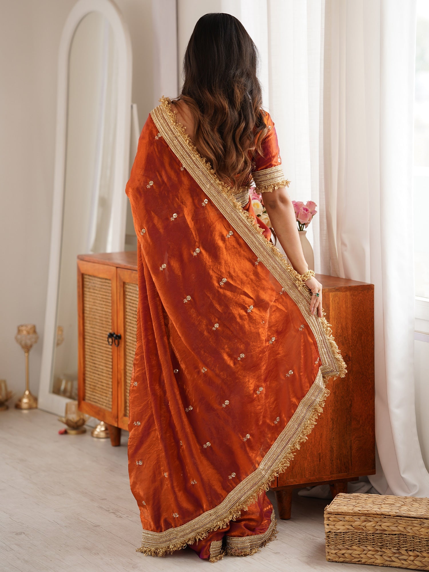 Saree Burnt Rust Orange and Fuchsia Dual-Tone - Ressa
