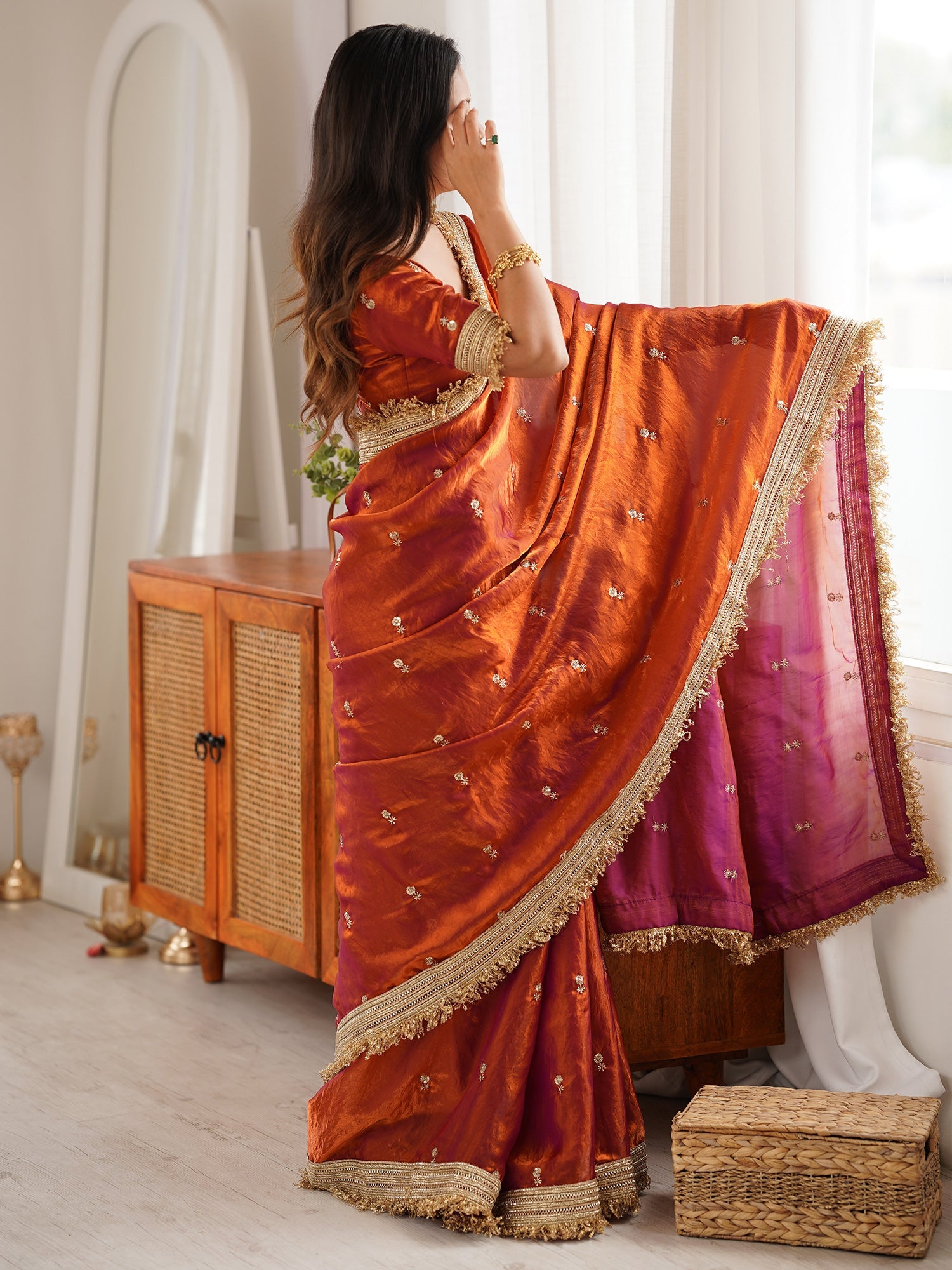 Saree Burnt Rust Orange and Fuchsia Dual-Tone - Ressa