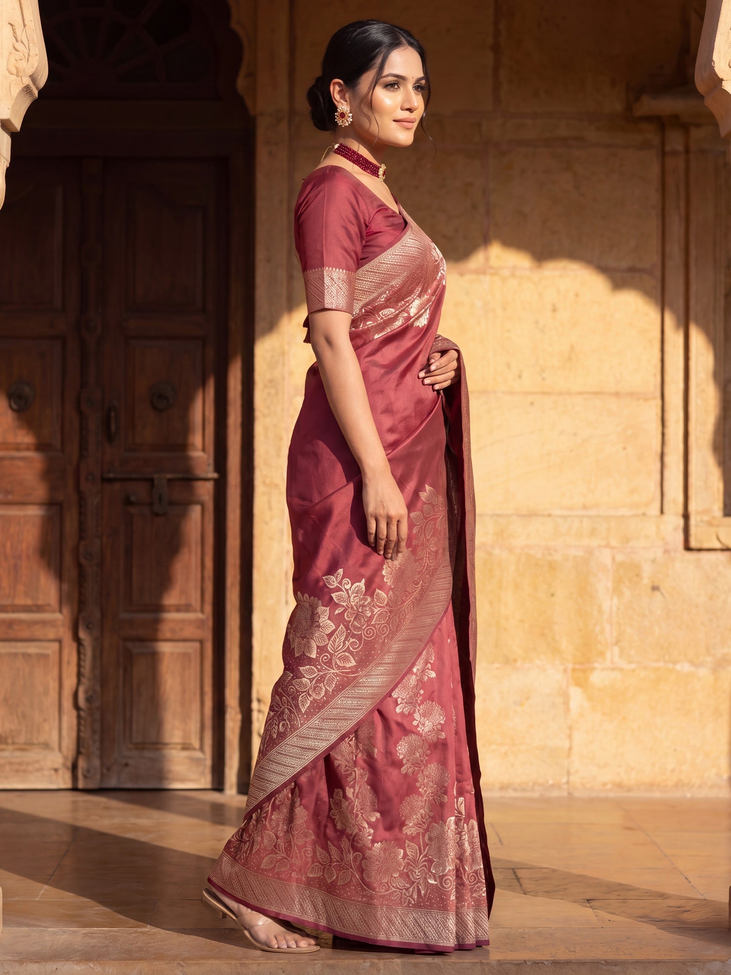 Saree Classic Crimson Red Floral Butti Banarasi Silk - Ressa