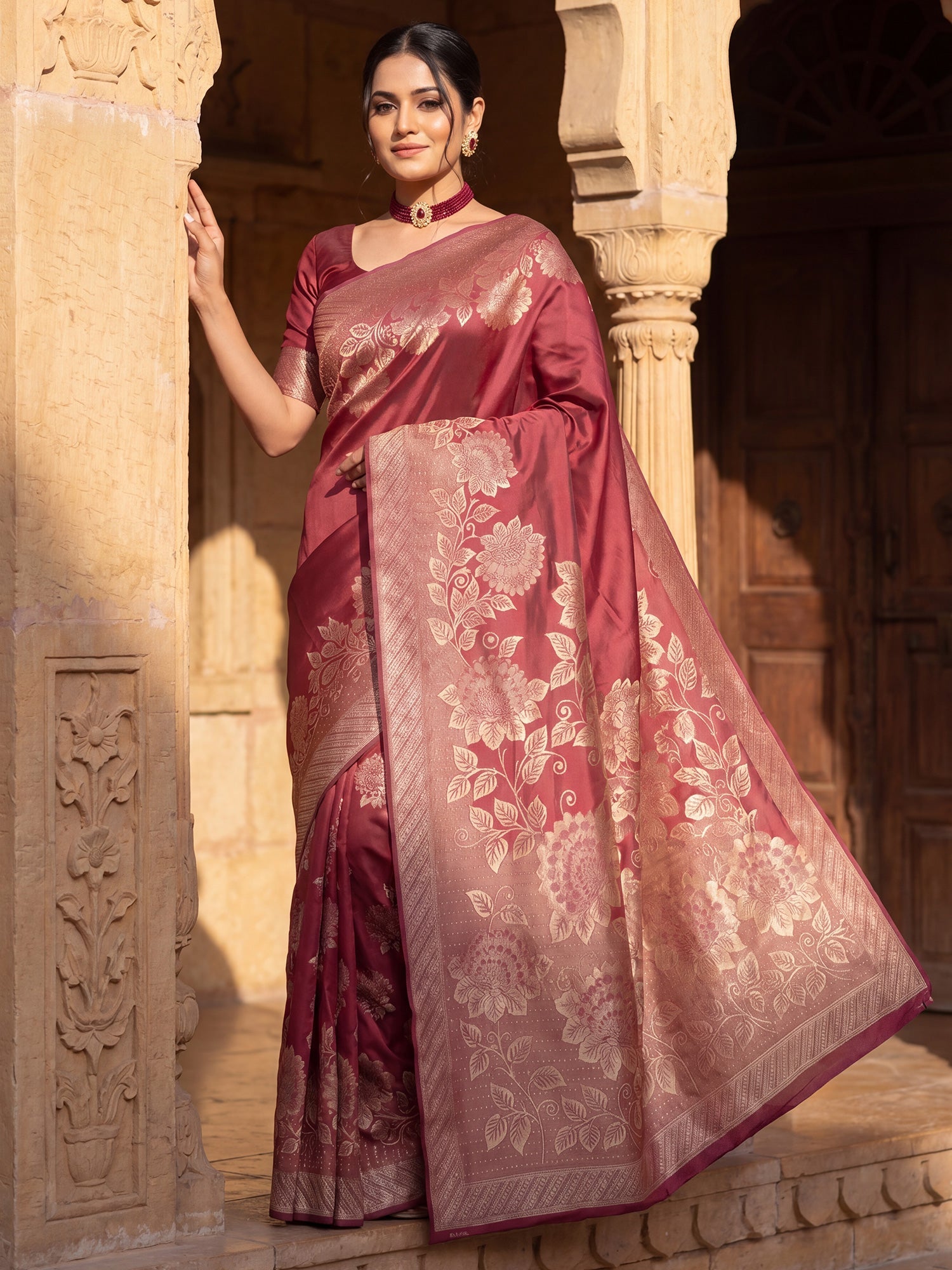 Saree Classic Crimson Red Floral Butti Banarasi Silk - Ressa