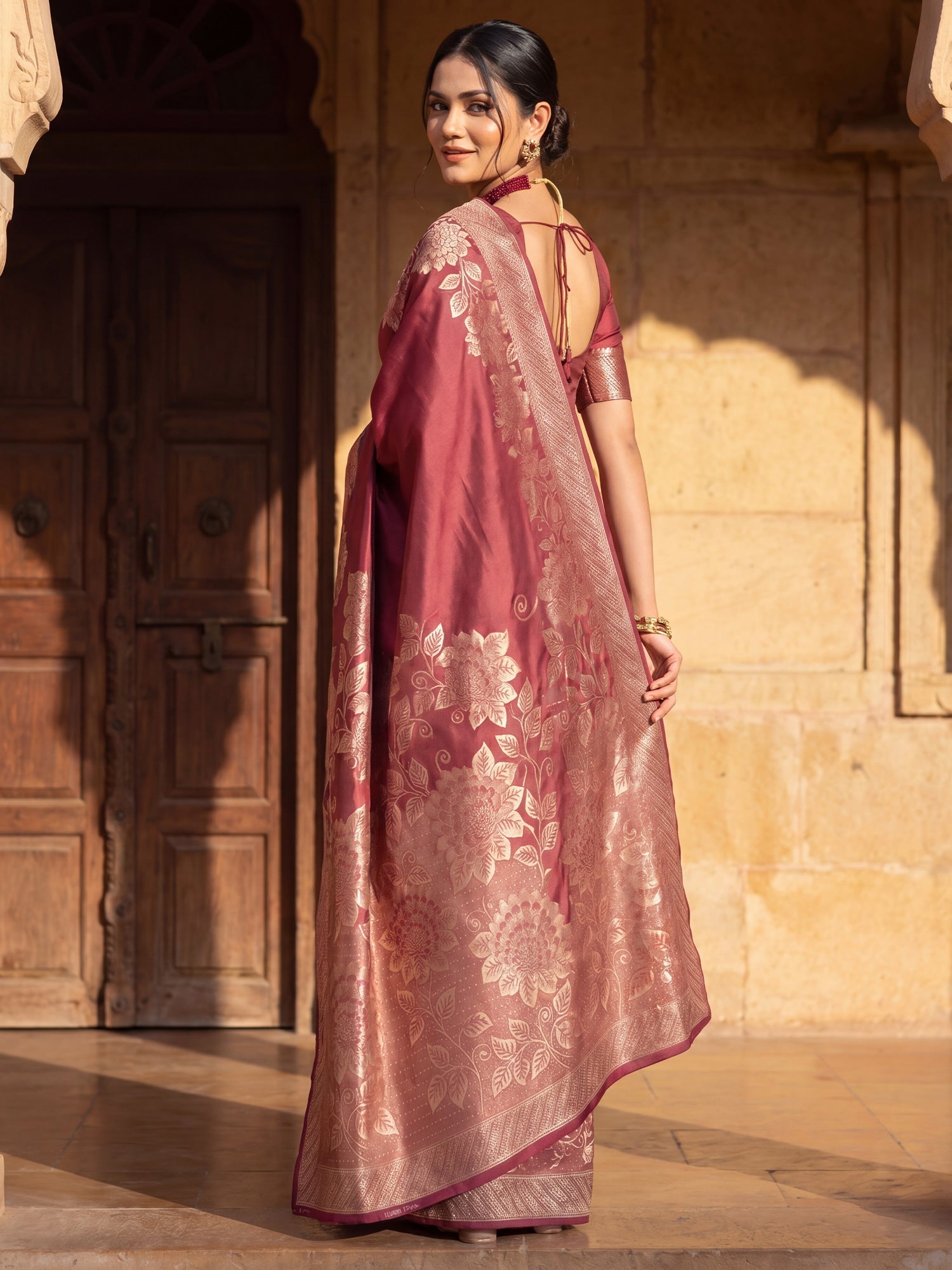 Saree Classic Crimson Red Floral Butti Banarasi Silk - Ressa