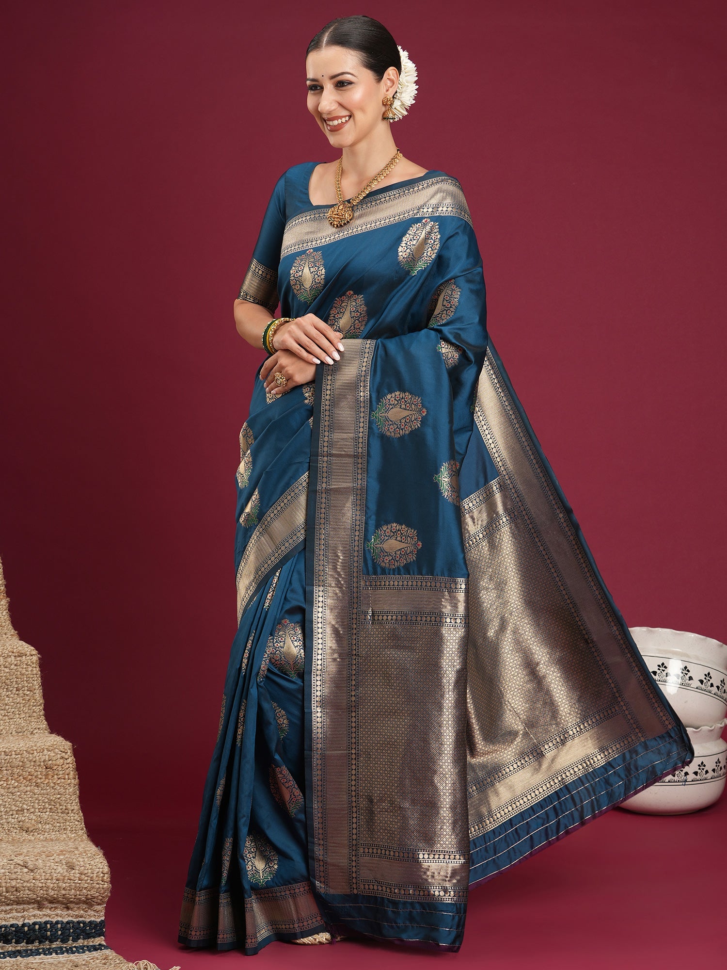 Saree Dark Teal Green Katan Silk - Ressa