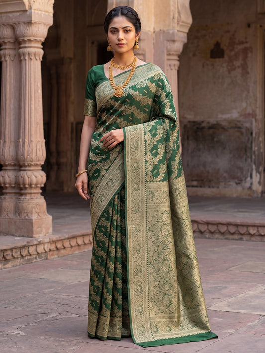 Saree Deep Emerald Green Diagonal Foliage Banarasi Silk - Ressa