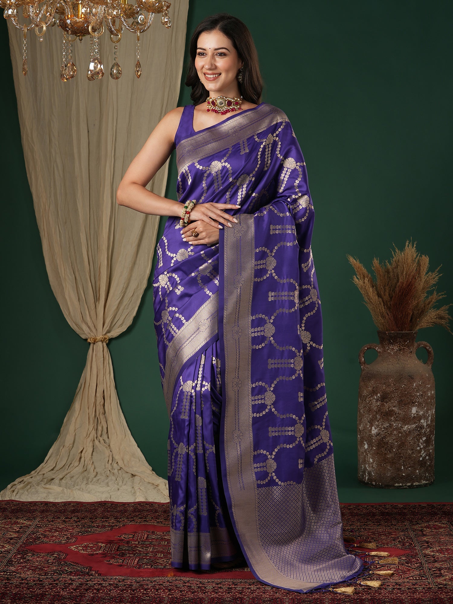 Saree Deep Violet - Purple Banarasi Woven Silk - Ressa