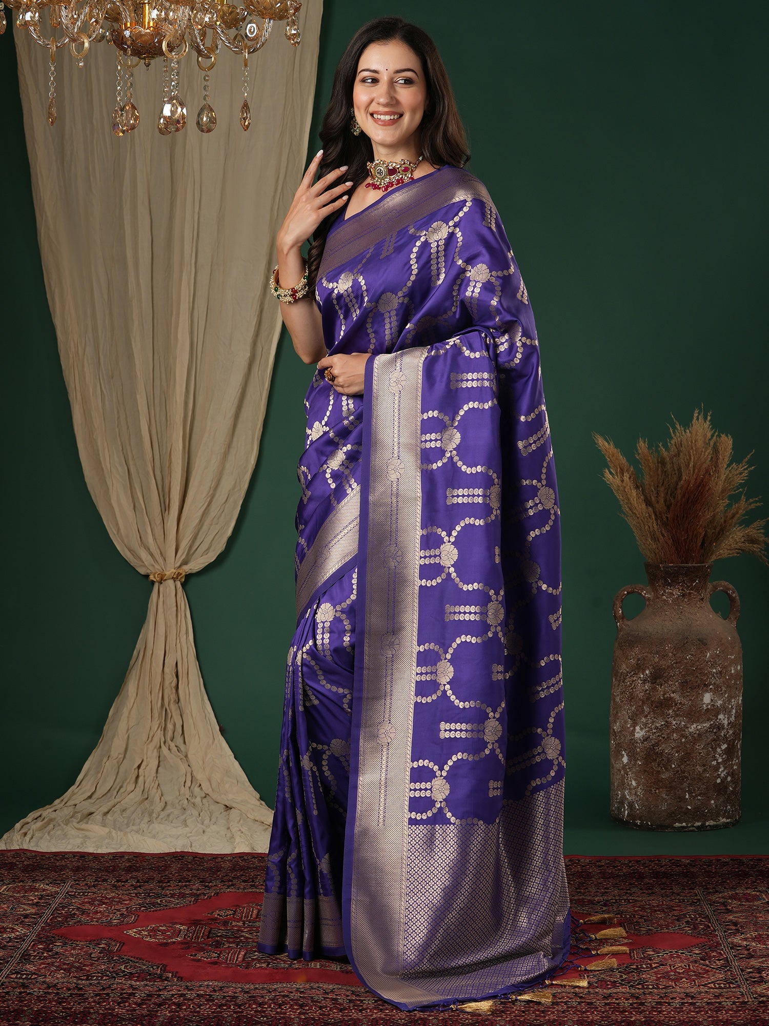 Saree Deep Violet - Purple Banarasi Woven Silk - Ressa
