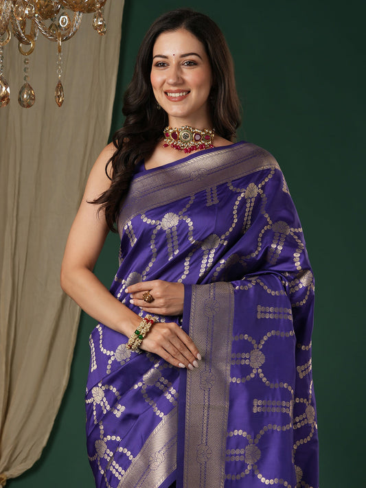 Saree Deep Violet - Purple Banarasi Woven Silk - Ressa