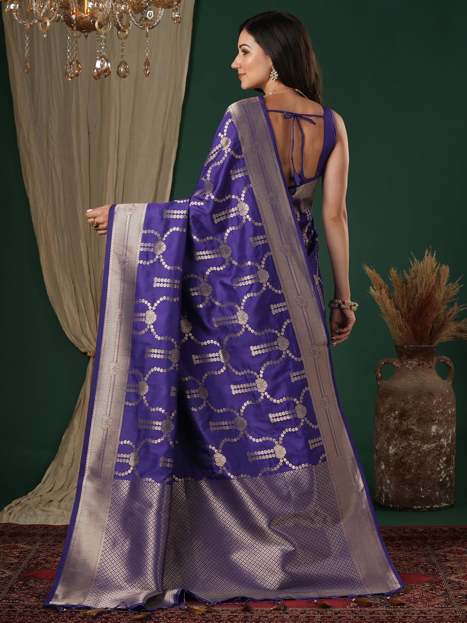 Saree Deep Violet - Purple Banarasi Woven Silk - Ressa