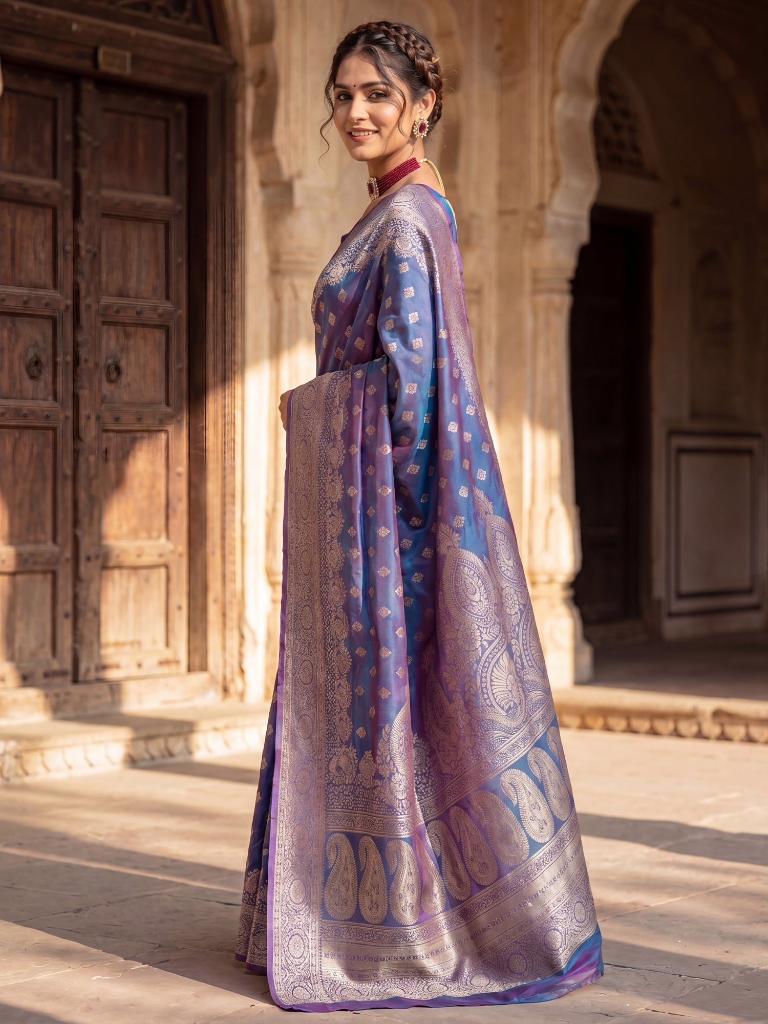 Saree Elegant Lavender - Blue Dual - Tone Banarasi Silk - Ressa